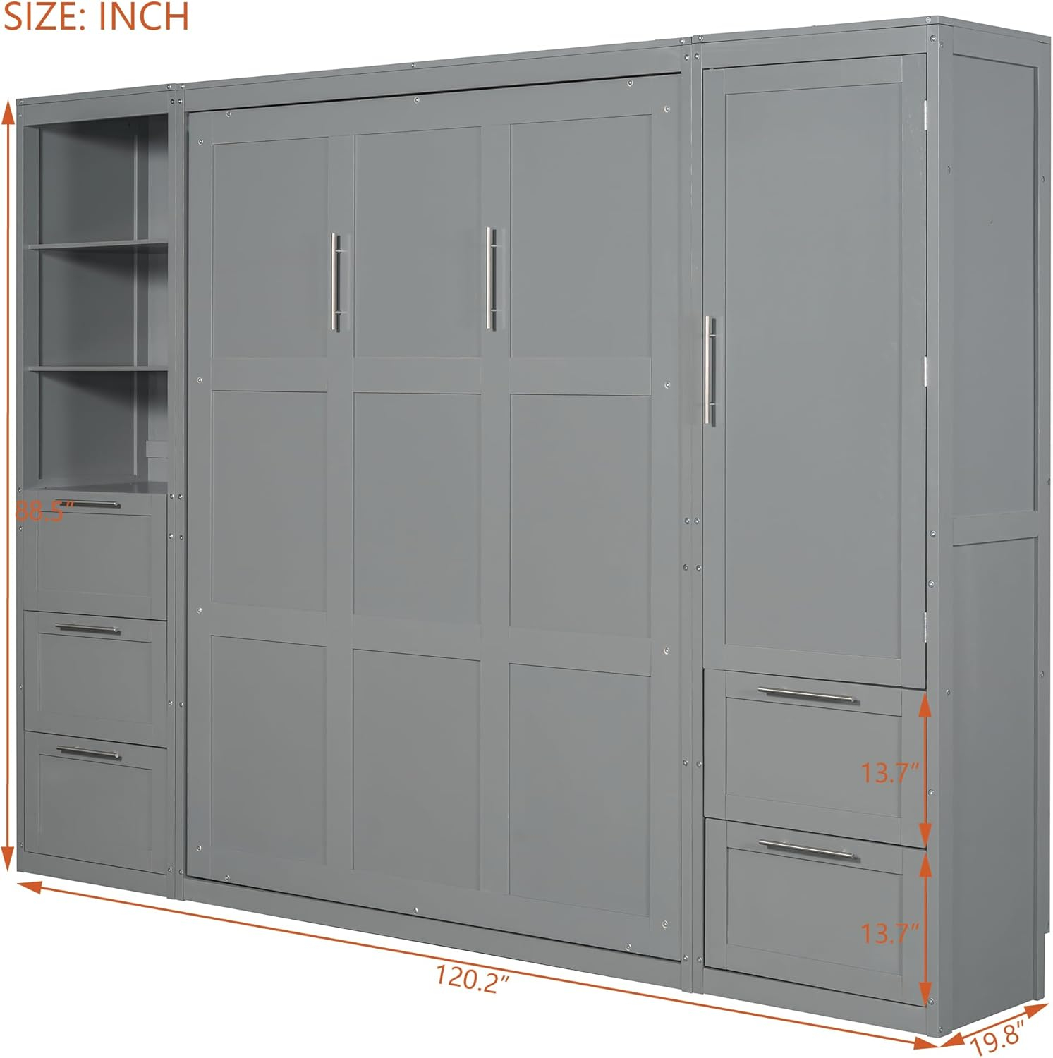 Merax Queen Size Murphy Bed, Wooden Wall Bed with Drawers, Closet and Shelves, Gray