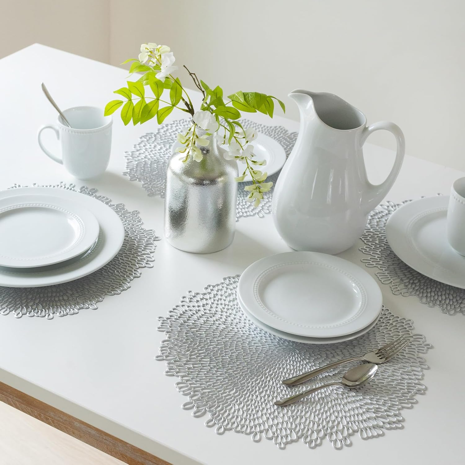 Benson Mills Bloom Pressed Vinyl Placemat Set of 4, Kitchen and Dining Table Mats, Special Occasion, Wedding, Everyday, Holiday Table Décor (15.5" Round, Set of 4, Silver)