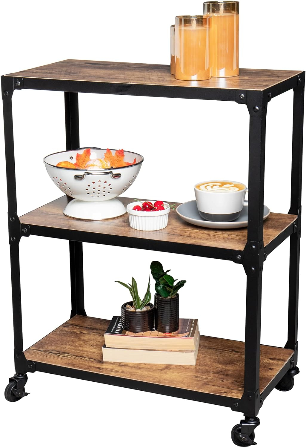 Mind Reader 3-Tier Rolling Bar Cart, Microwave Stand, Wood Metal, 29.5"H, Brown