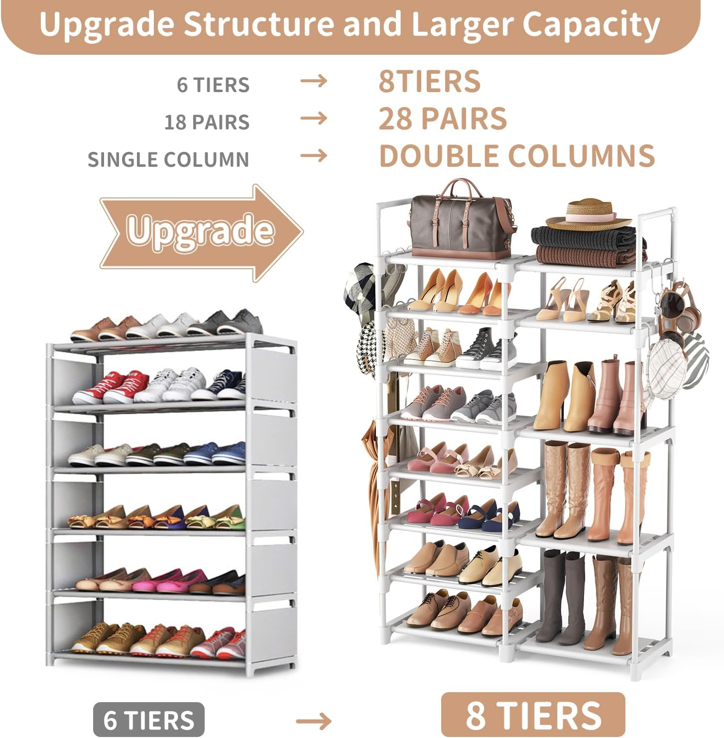 ROJASOP White Shoe Rack, Tall Metal Shoe Rack Organizer for Entryway Closet Garage, 8 Tier Large Shoe Shelf for 26-32 Pairs Boots & Shoes Storage, Space Saving Heavy Duty Shoe Stand