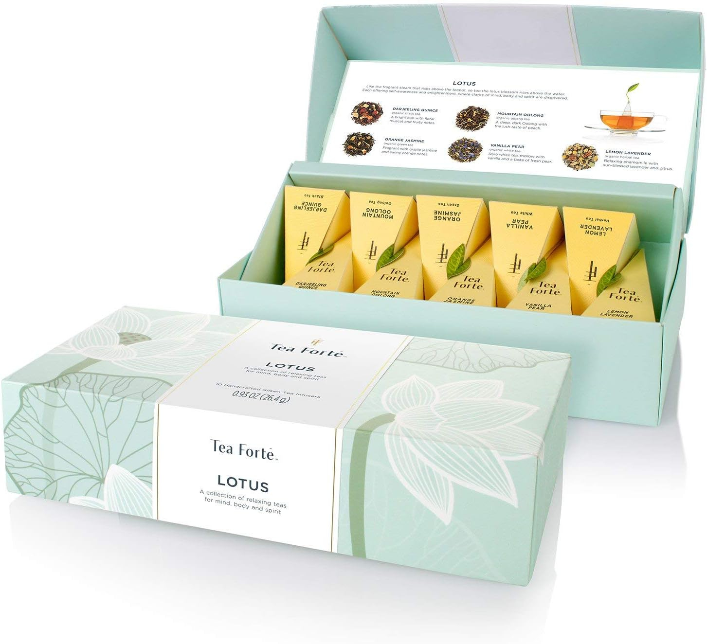 Tea Forte Lotus 10 Handcrafted Pyramid Tea Infusers Box Presentation