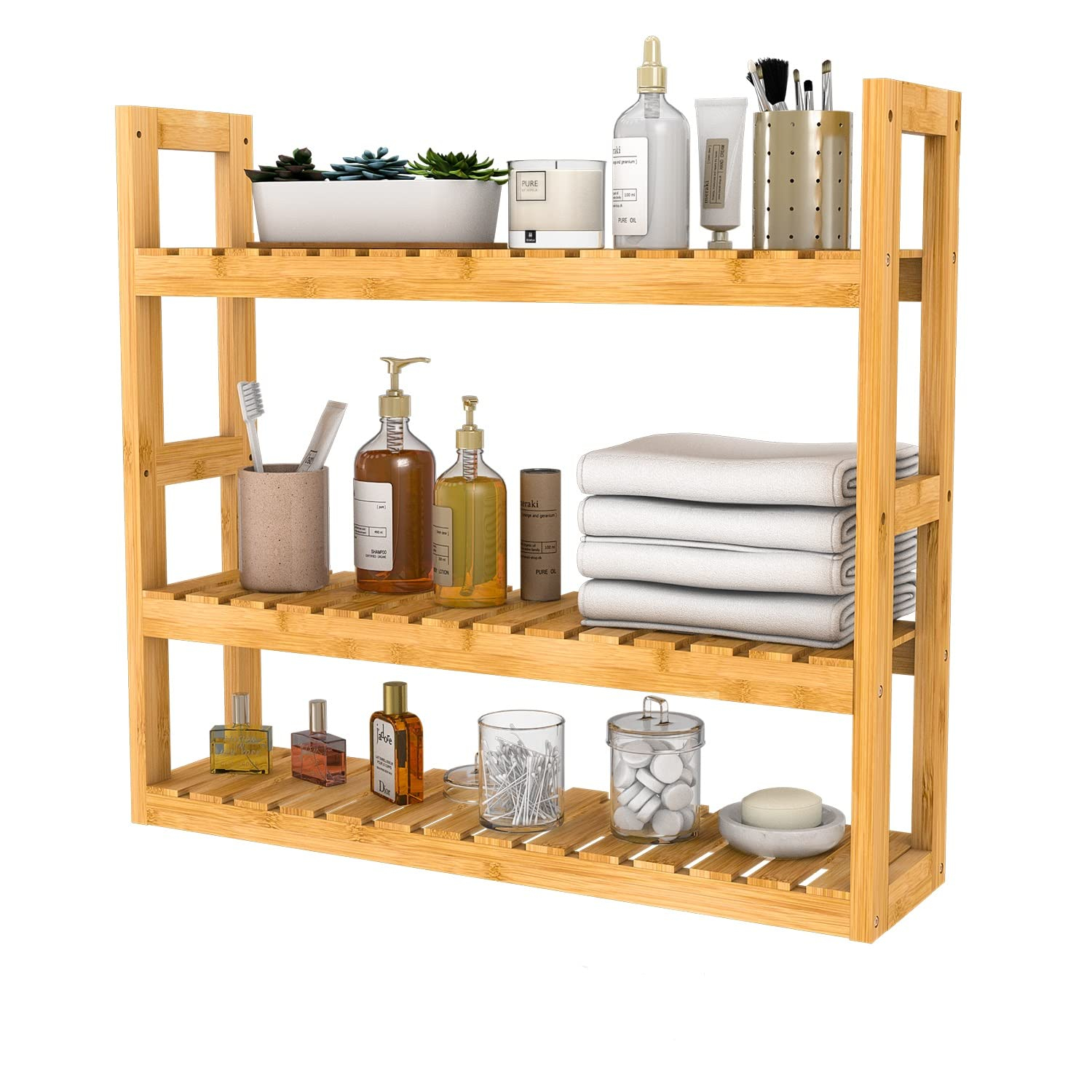 Domax Bamboo Bathroom Shelf 3-Tier Wall Mount Storage Rack Multifunctional Adjustable Layer Free Standing Over Toilet Utility Shelves Living Room Kitchen (Bamboo)