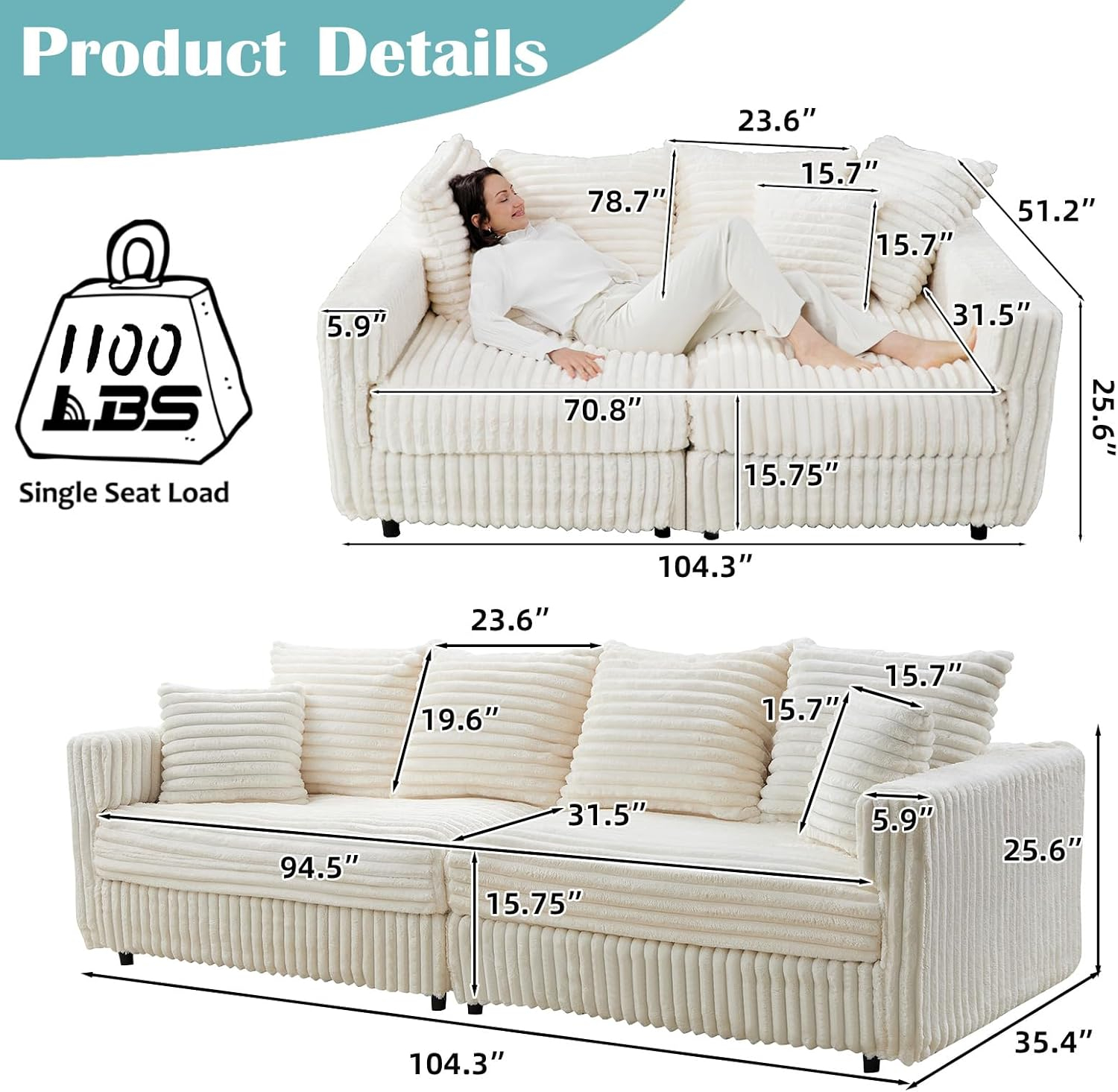 104.3''Cloud Sectional Couch,Oversized Living Room Convertible Sofa, Plush Corduroy Sofa W/6 Soft Pillows,4 Deep Seat Memory Foam Couches,Plush Couch for Living Room, Apartment (Beige)