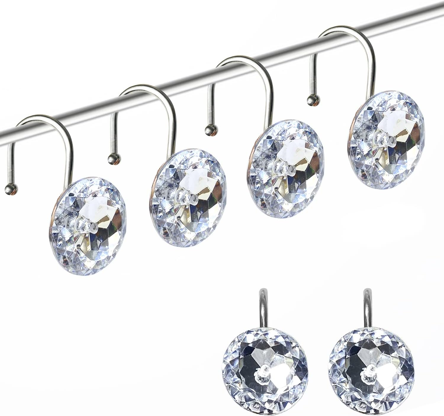 Clear Acrylic Rhinestone Stainless Steel Shower Curtain Hooks Set