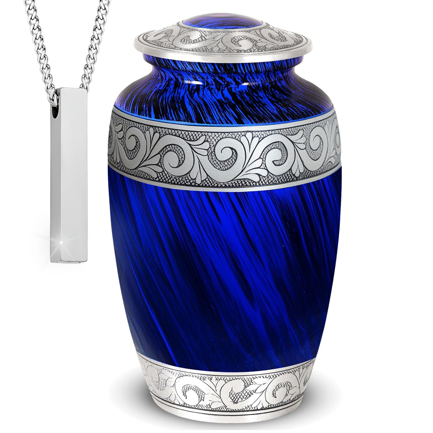 Hand-Engraved Blue Metal Urn with Necklace for Ashes