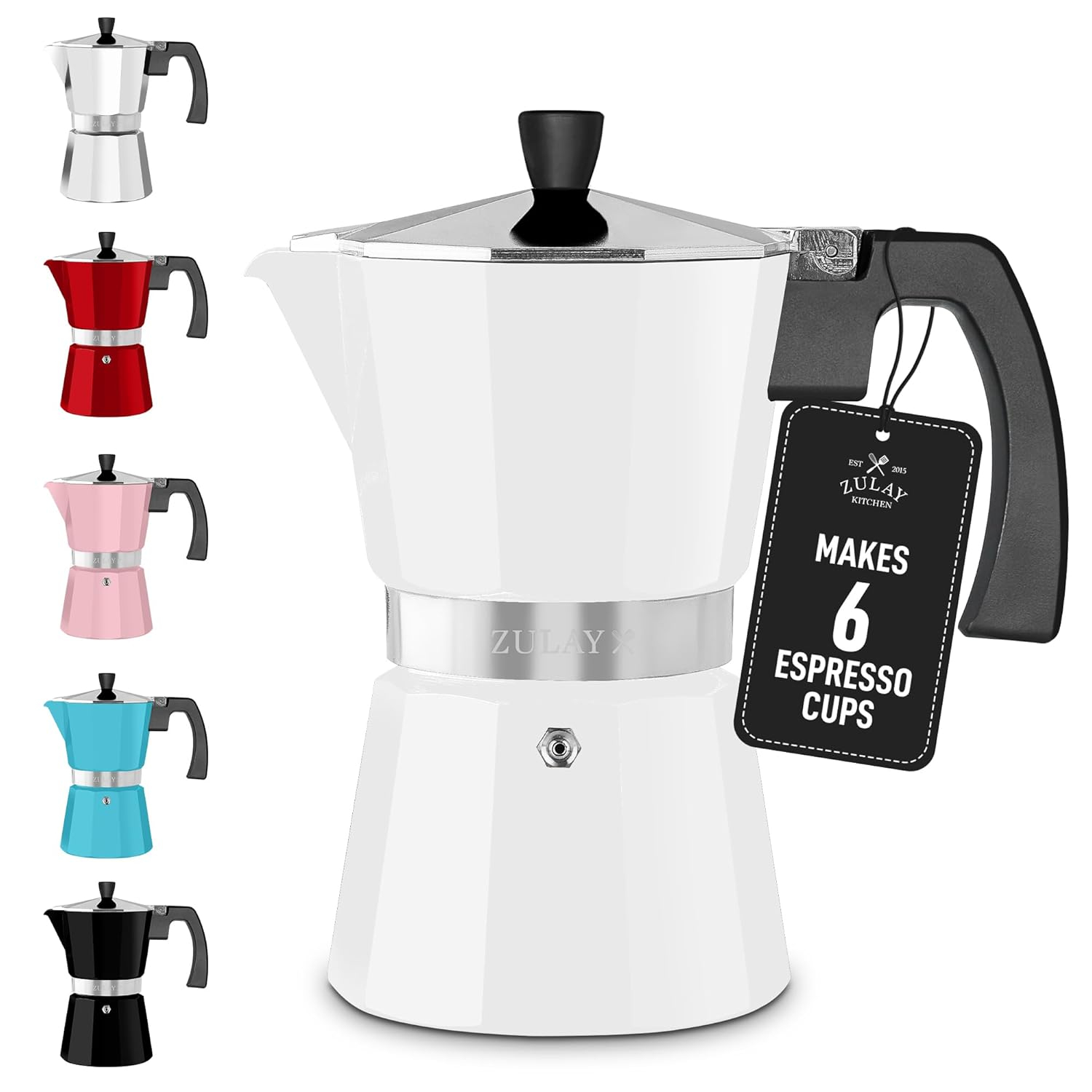 Zulay Moka Pot Espresso Stovetop Coffee Maker - Leak-Proof, Stainless Steel, Easy to Clean, Heat Resistant Handle & Knob - for Authentic Cuban & Italian Style Espresso - Makes 6 Espresso Cups - White