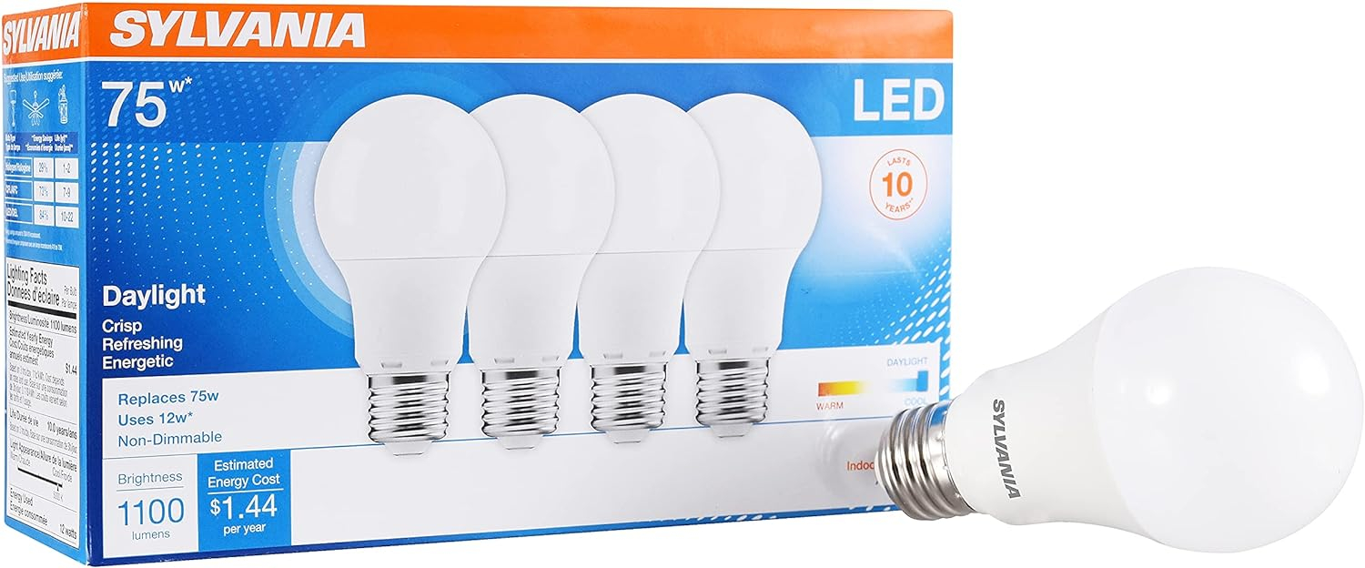 SYLVANIA LED Light Bulb, 75W Equivalent A19, Efficient 12W, Medium Base, Frosted Finish, 1100 Lumens, Daylight - 4 Pack (78100)