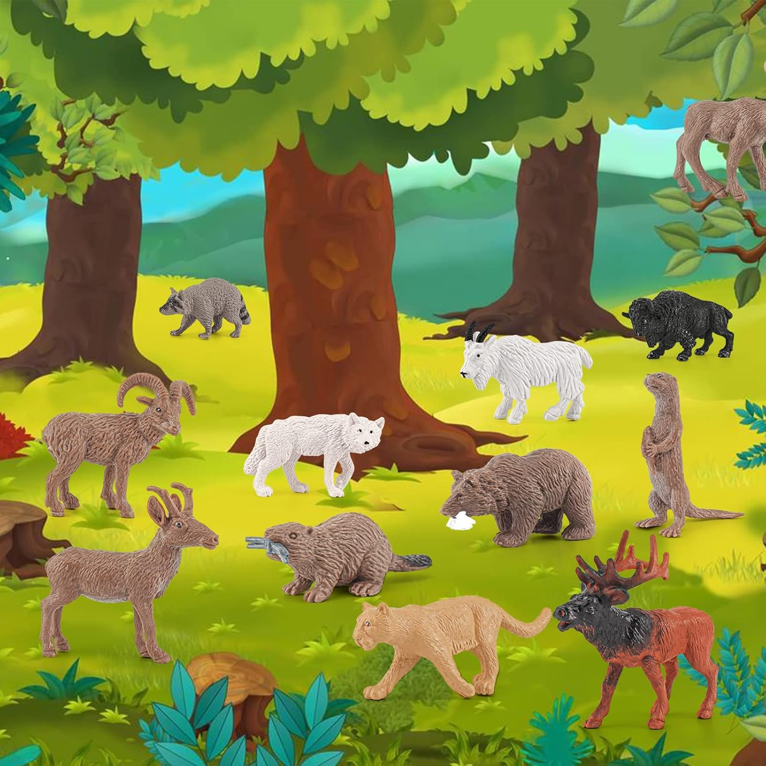 1-2 Inch North American Animals Set Mini Wild Animals Figurines Set Plastic Wolf Figure Moose Figure Toy Gift for Kid Toddlers Raccoon Animals Cake Topper