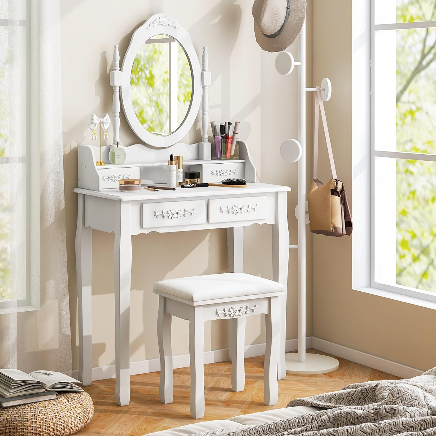 Giantex Girls Vanity Desk with 4 Drawers, White Makeup Vanity Table with Mirror and Cushioned Stool, Rose Shaped Knobs, Modern Bedroom Dressing Table for Small Place Apartment