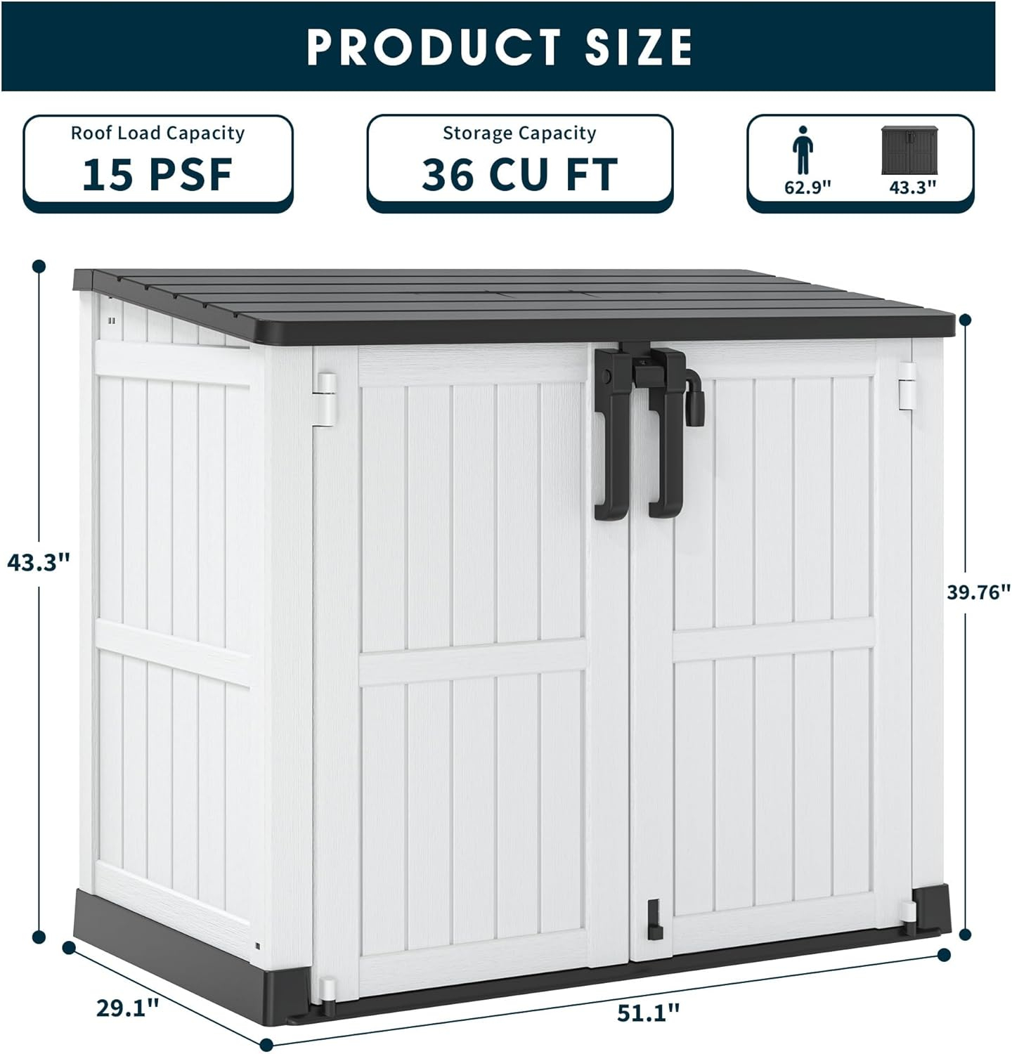 Outdoor Storage Shed 36 Cu. Ft.Horizontal Garden Storage Extra Large Capacity Weather Resistant Storage Box, Lockable Resin Waterproof Shed for Easy Storage of Garbage Cans, Tools, Lawn Mower