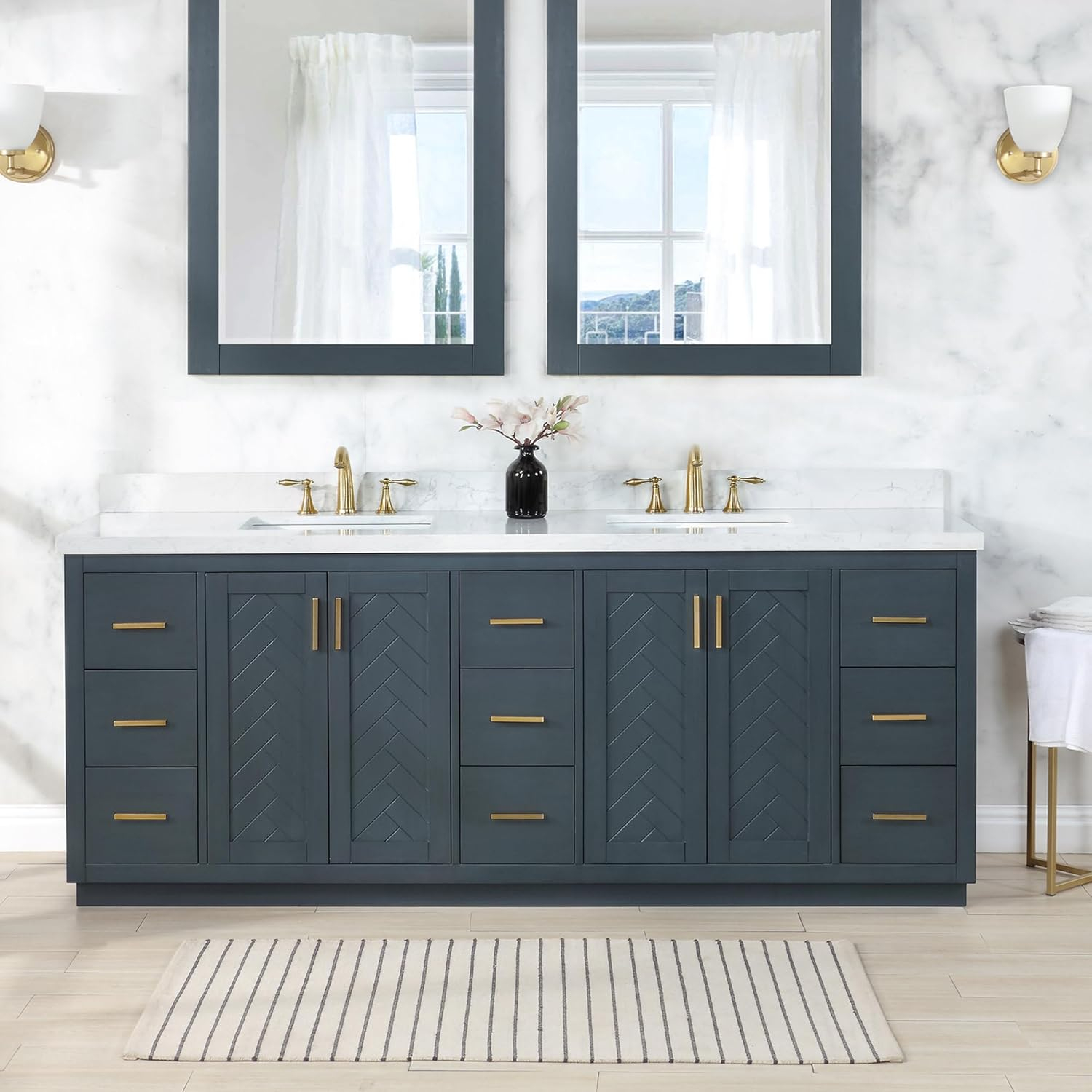 Altair Gazsi Wood Vanity with Composite Stone Top, 84" Black Oak, No Mirror