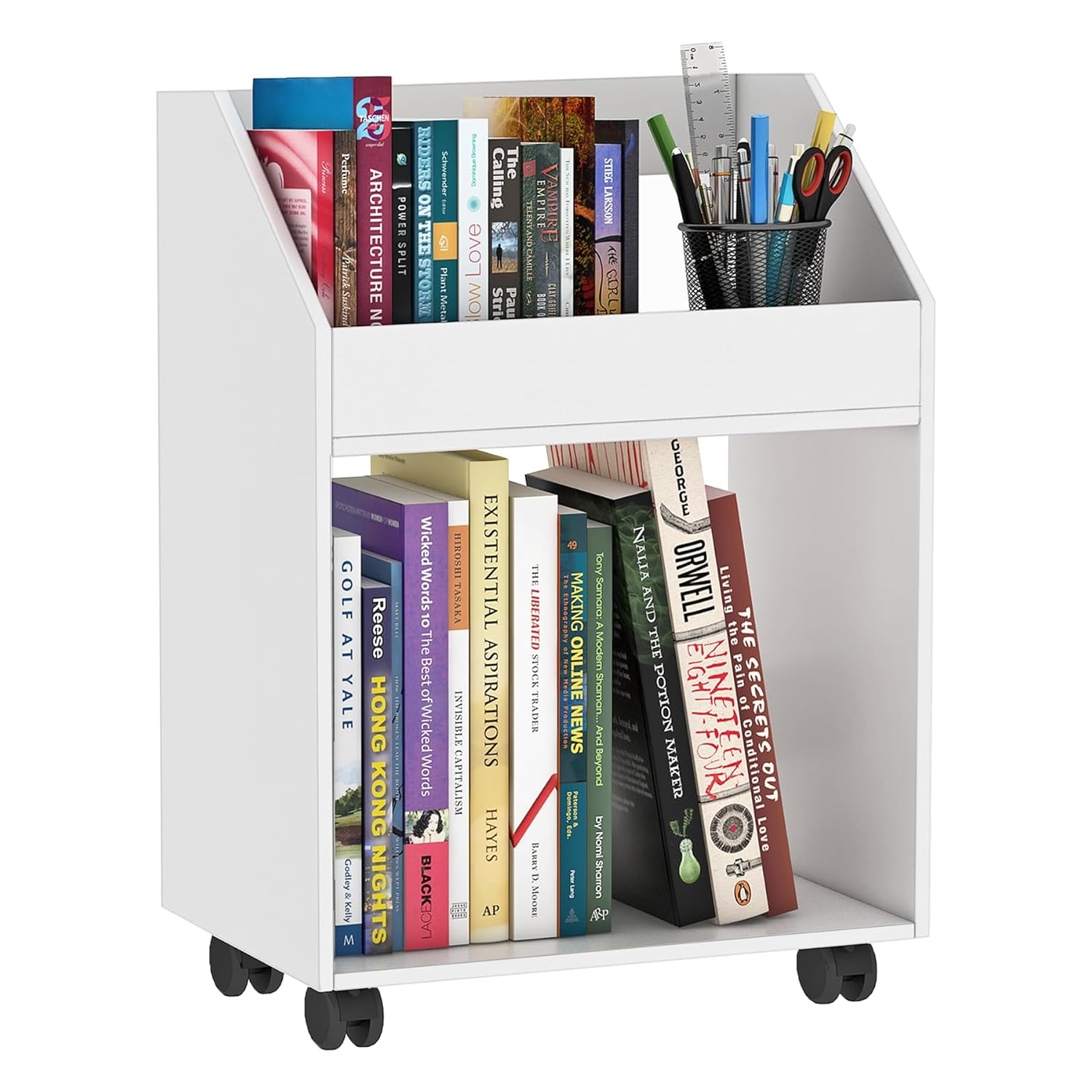 2-Tier Mobile Bookshelf, White Bookcase with Wheels, Rolling File Holder Desk File Book Organizer for Home Office Living Room School
