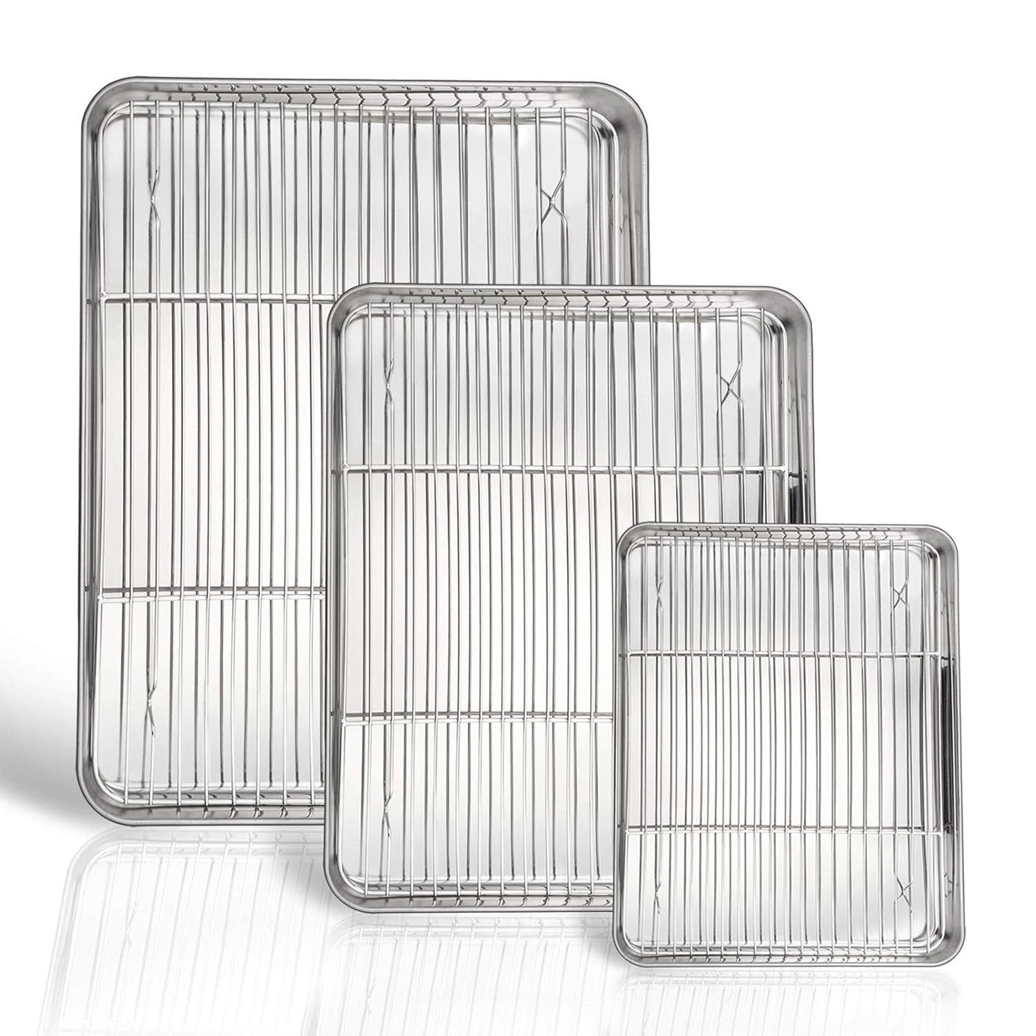 P&P CHEF Baking Sheet and Rack Set, 6 PACK (3 Sheets 3 Racks), Stainless Steel Baking Cookie Sheets Pans with Cooling Rack for Baking and Roasting, Oven & Dishwasher Safe 16"+12.5"+9" (3 Pans+3 Racks)