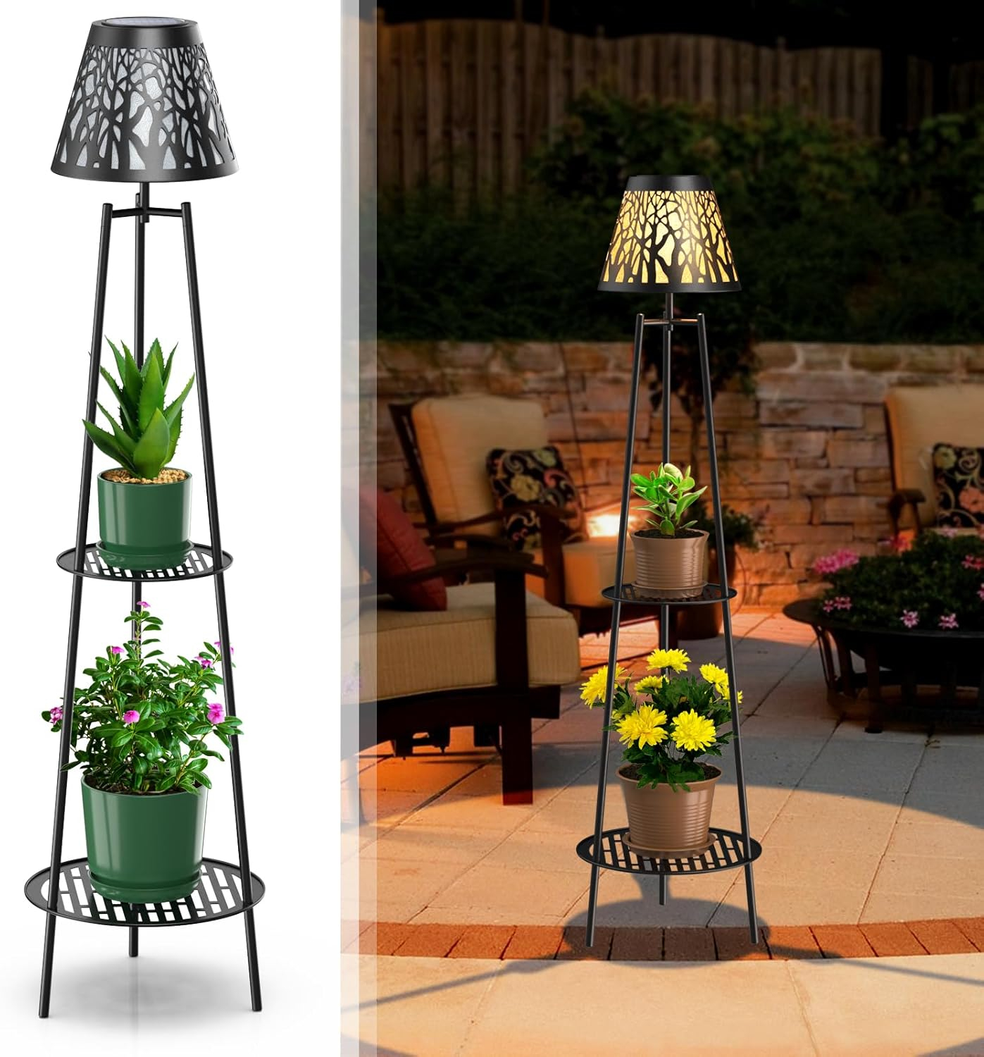 2 Pack 45.5'' Outdoor Floor Lamps with 2 Tier Plant Stand, Solar Powered Metal Waterproof Lights for Patio Deck Yard Garden Porch Decor