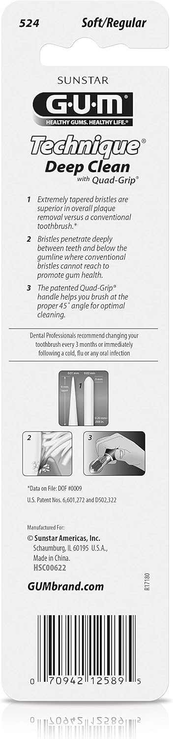 GUM Technique Deep Clean Toothbrush - Full Head - Soft Toothbrushes for Adults -Soft, Ultra Fine Tapered Bristles, Recommended by Dental Professionals, 2 Count