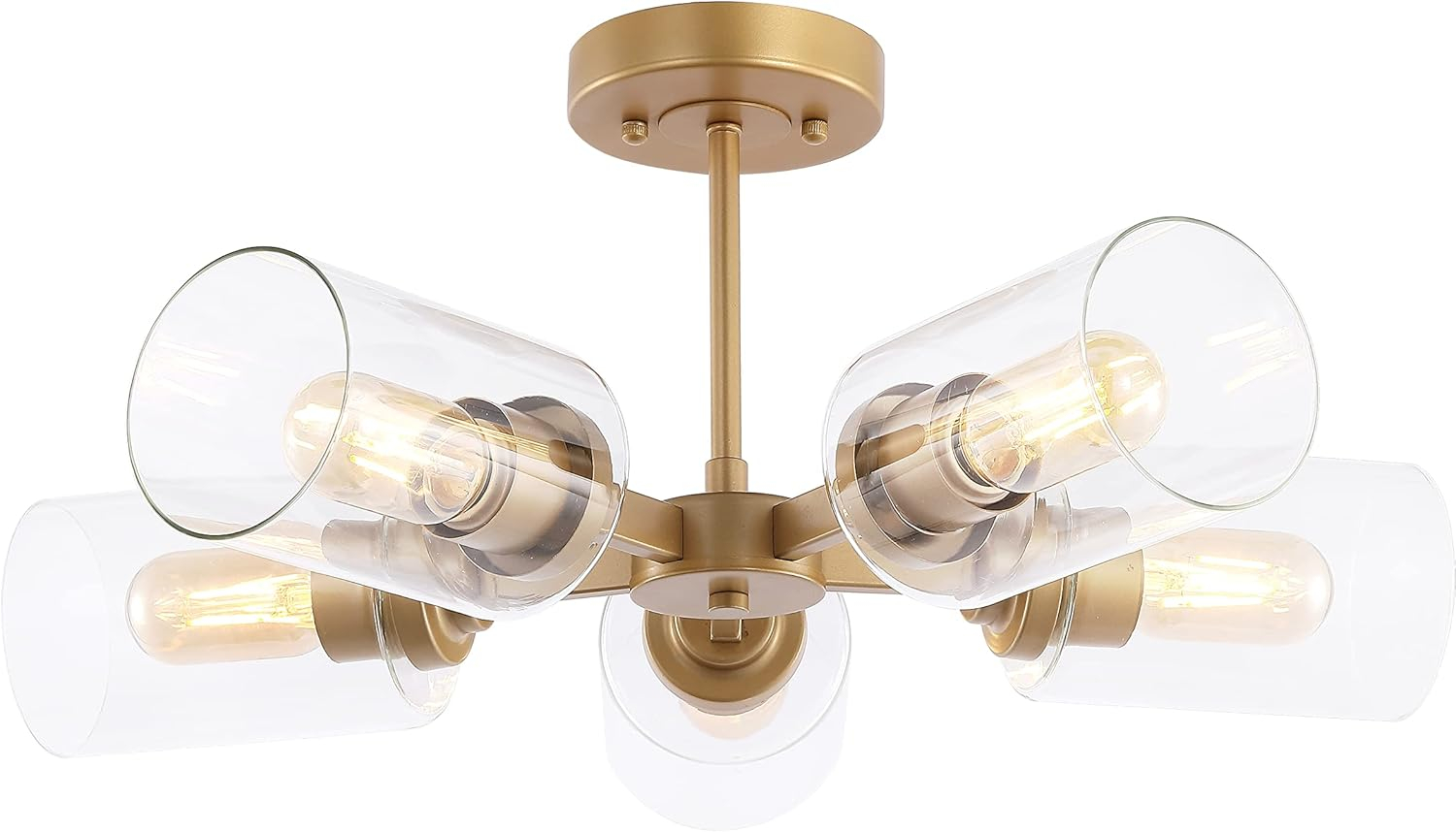 Jaynie 21.5" 5-Light Farmhouse Industrial Iron Cylinder LED Semi Flush Mount, Brass Gold/Clear