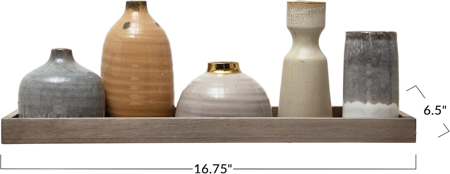 Creative Co-Op Stoneware Vase Ensemble on a Mango Wood Tray, Set of 5