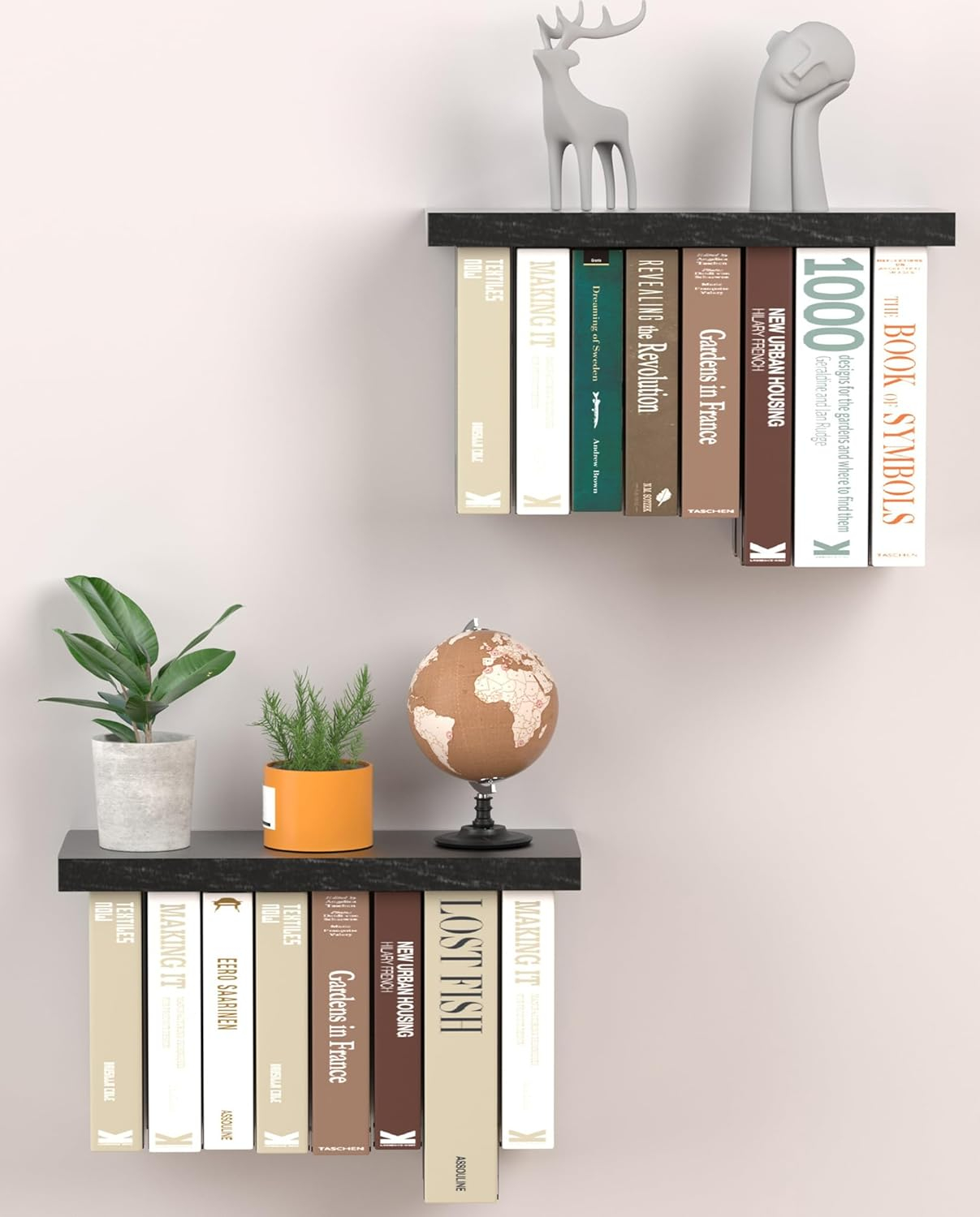 Floating Book Shelves for Wall Mounted Set of 2, Wood Hanging Bookshelf, Book Display Shelf for Wall, Unique Space Saving Book Shelf Wall Book Holder(Black)