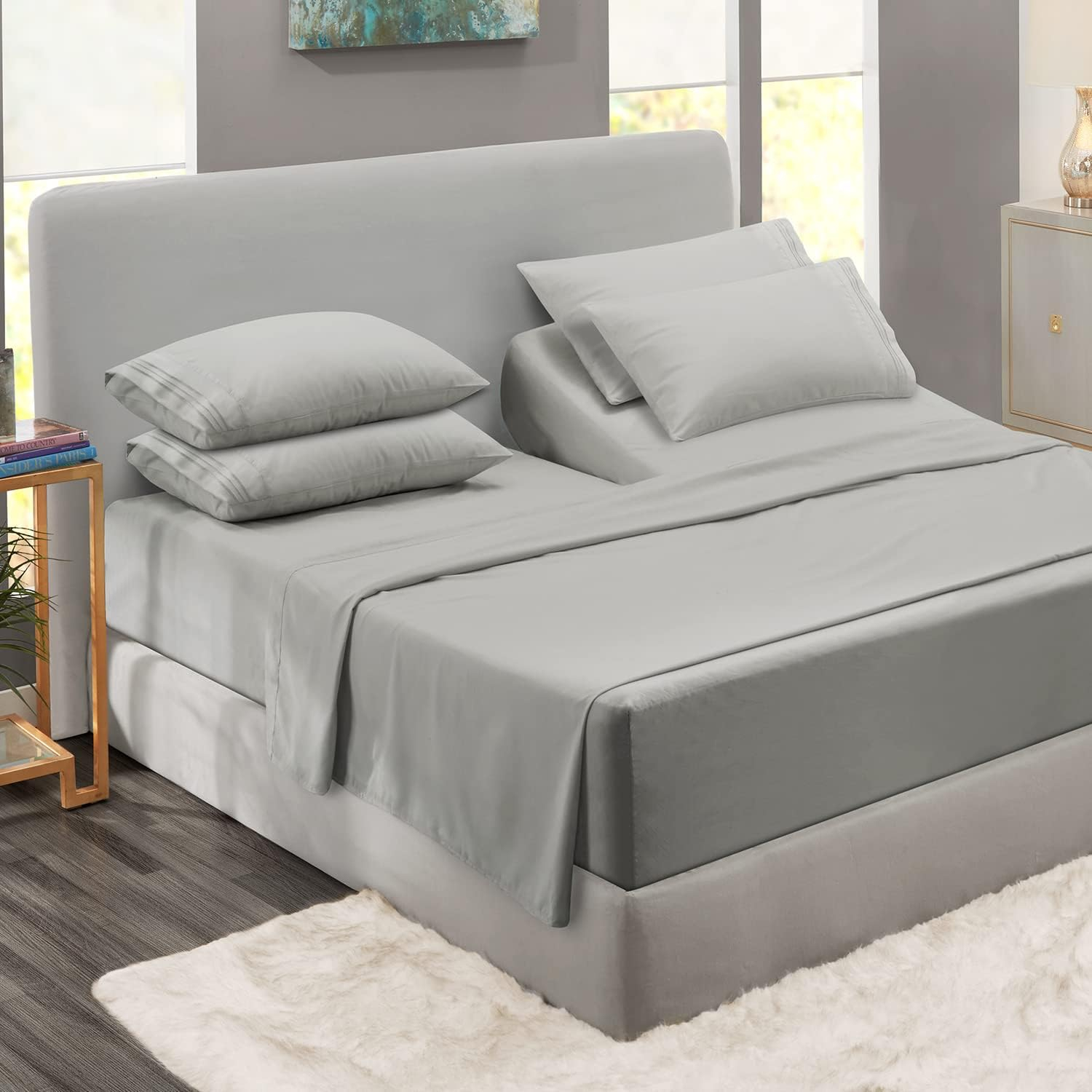 Clara Clark 6 Piece 1800 Microfiber Collection Bed Sheet Set, Deep Pockets Fitted Sheet, Flex-Top King, Silver Gray