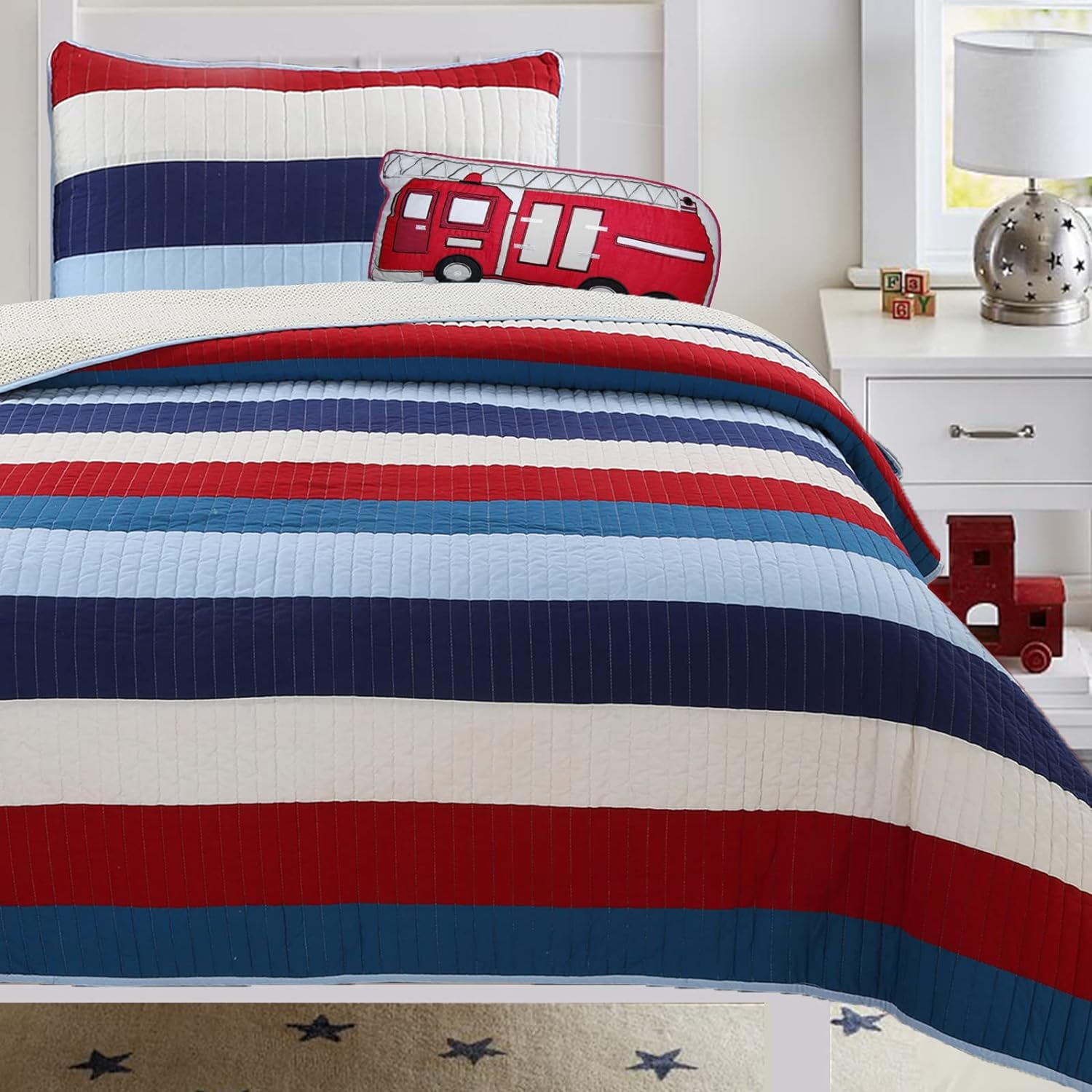 Cozy Line Home Fashions Cozy Line Ressler Stripe Reversible Cotton Quilt Bedding Set - Blue/Ivory/Red Twin 2 Piece