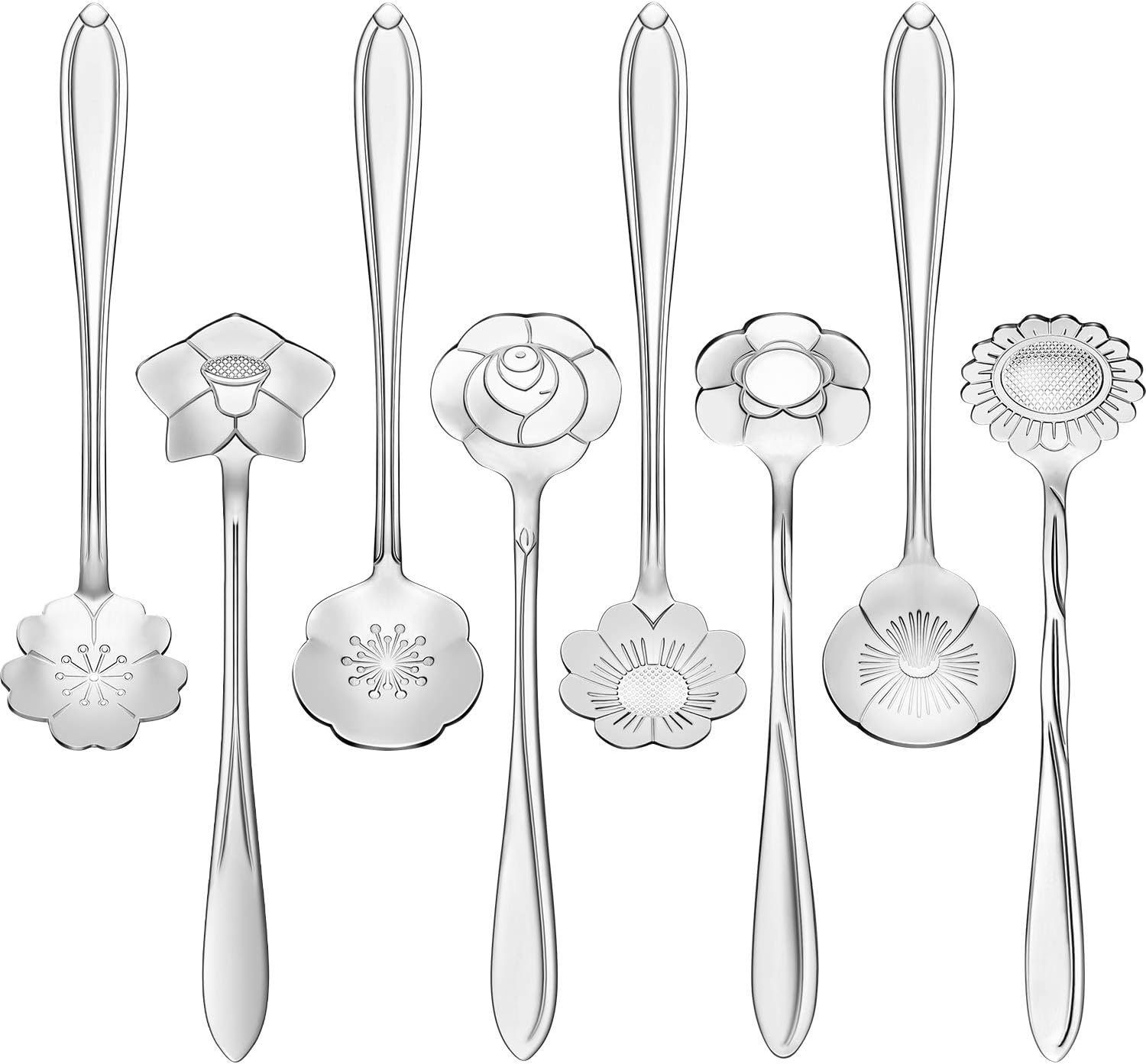 Chengu 8 Pieces Flower Coffee Tea Spoons Stainless Steel Sugar Spoons Tea Party Flower Fancy Tableware Set Stir Bar Creative Stirring Teaspoon, 8 Different Patterns(Silver)