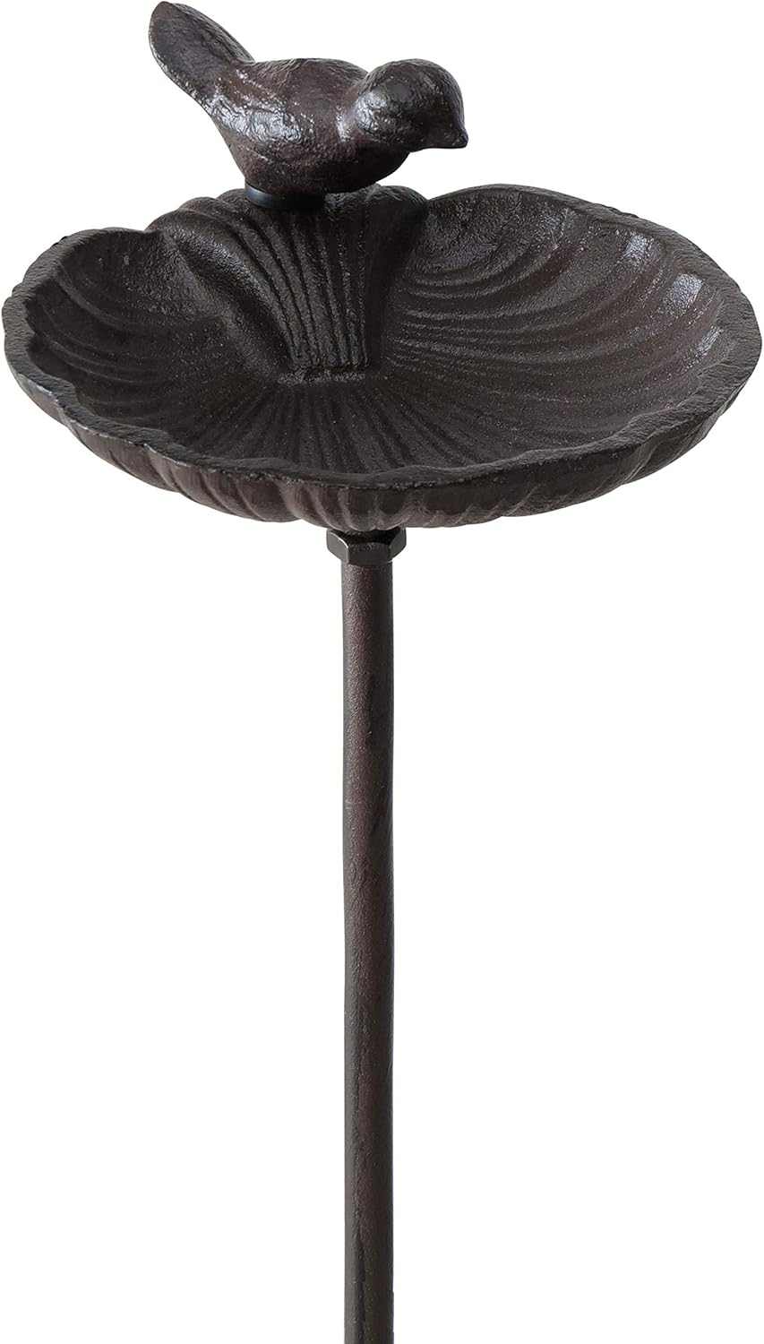 Scallop Shell Garden Stake, Bird Feeder, Cast Iron, 3 Feet 2 1/2 Inches Tall, Rustic Garden Decoration