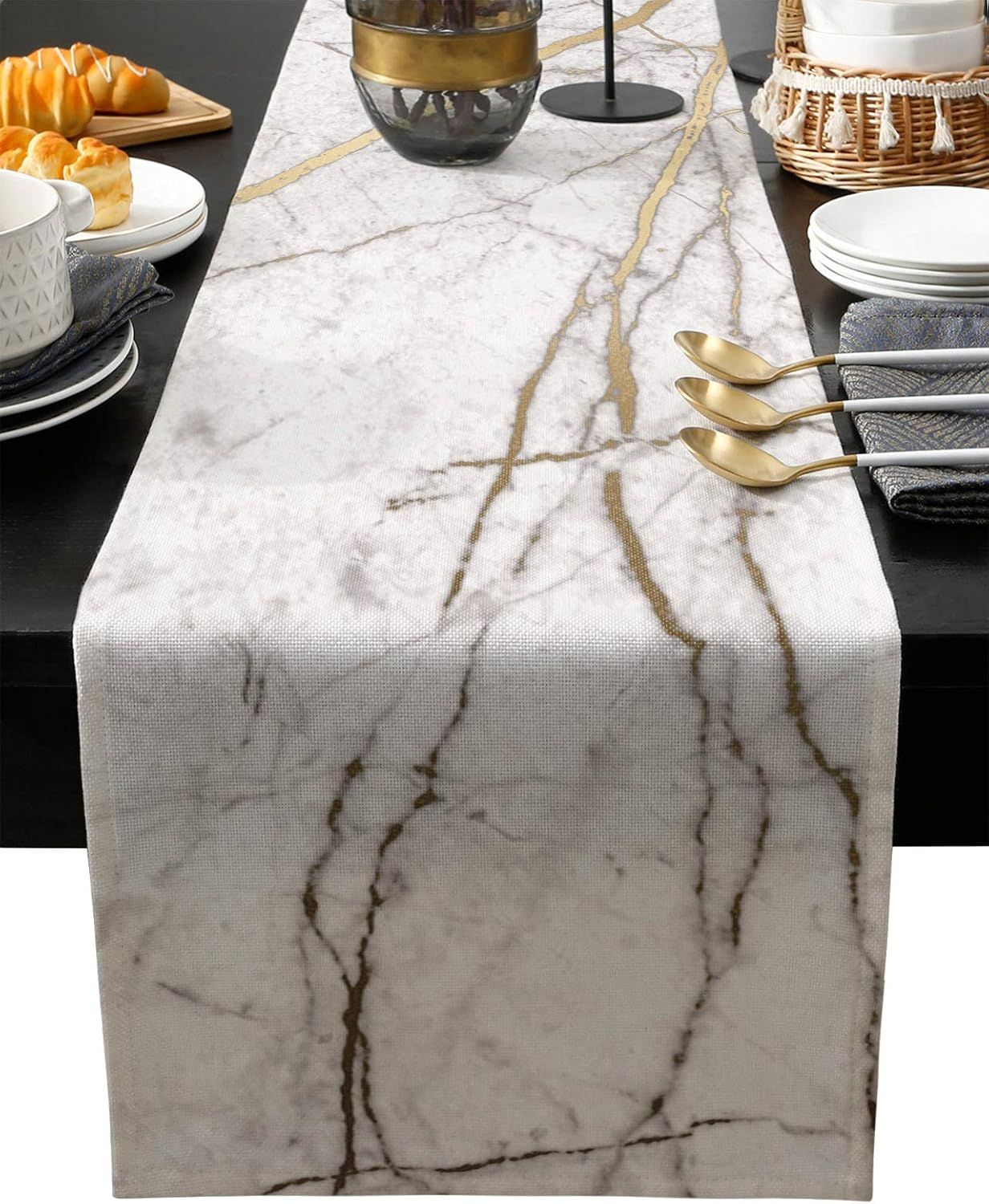 Marble Table Runner-Cotton linen-Long 108 inche White Gray Gold Dresser Scarves,Texture Tablerunner for Kitchen Coffee/Dining/Sofa/End Table Bedroom Home Living Room,Scarf Decor for Holiday Dinner