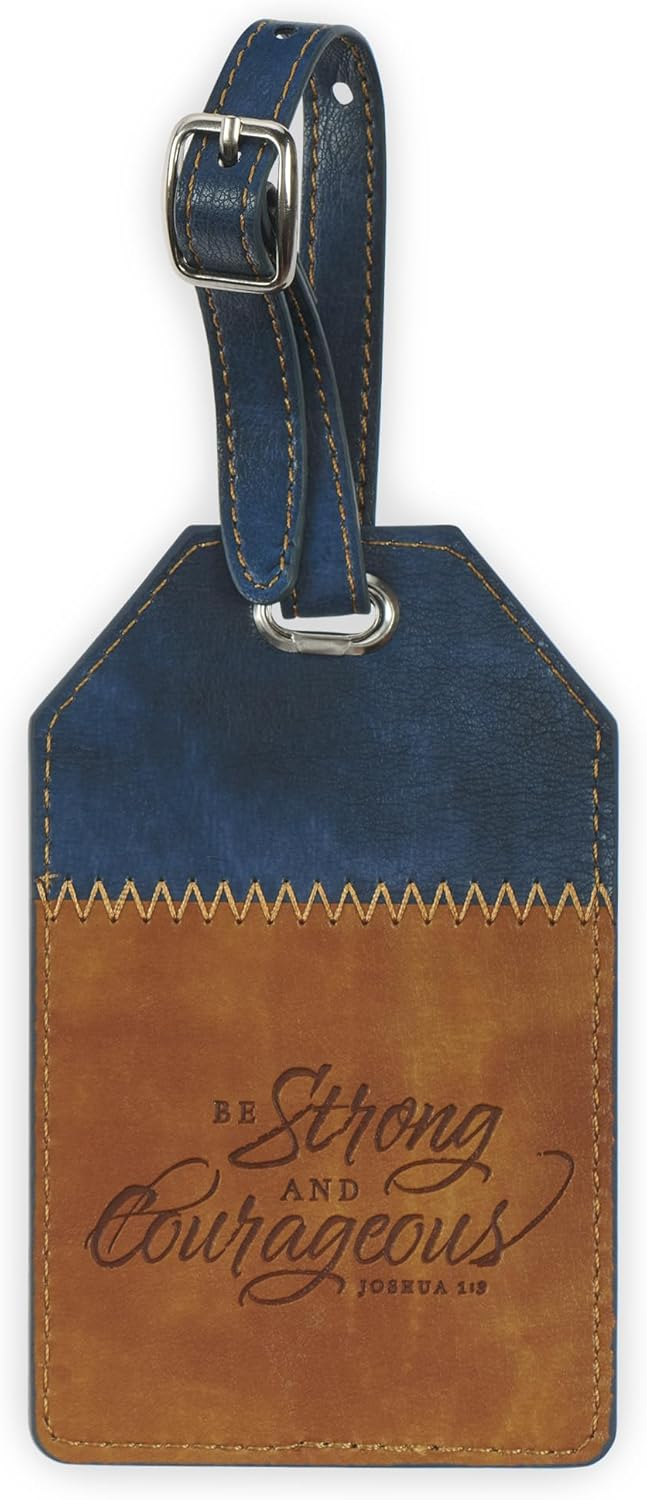 Christian Art Gifts Inspirational Vegan Leather Scripture Luggage Tag for Men & Women: Strong & Courageous - Baggage Accessory for Carry-On, Checked Bags, Backpacks, 4.8 X 3.1, Black/Brown (Other)