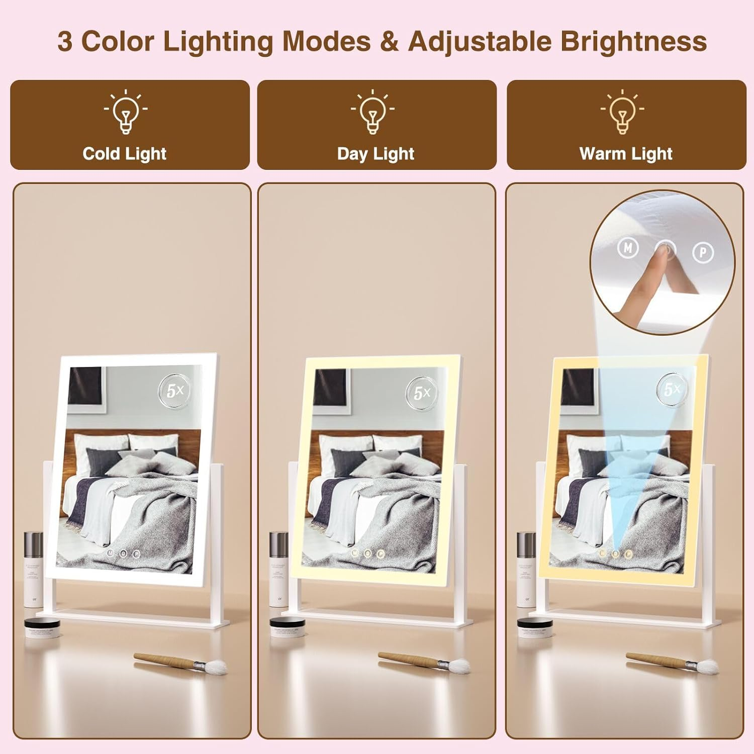 Lighted Makeup Mirror, Hollywood Vanity Mirror with 5X Magnification Mirror, 360°Rotation Touch Control, 3 Color Lighting for Desks Bedroom Dressing Room, Small