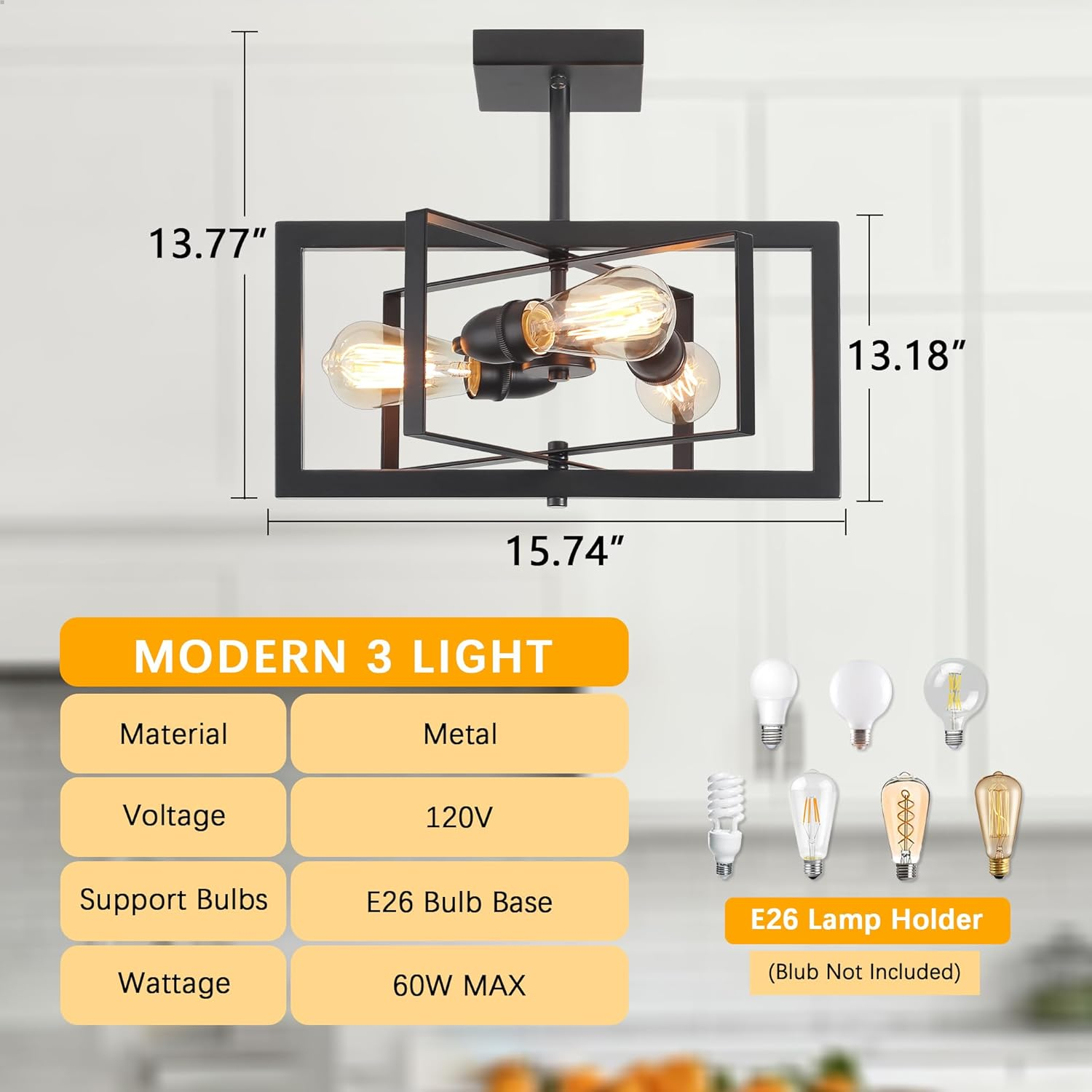3-Light Black Ceiling Light Fixture for Dining Room Foyer Modern Farmhouse Lighting Fixtures Semi Flush Mount Rectangle Metal Ceiling Light for Bedroom Kitchen Island Entryway 15.74''
