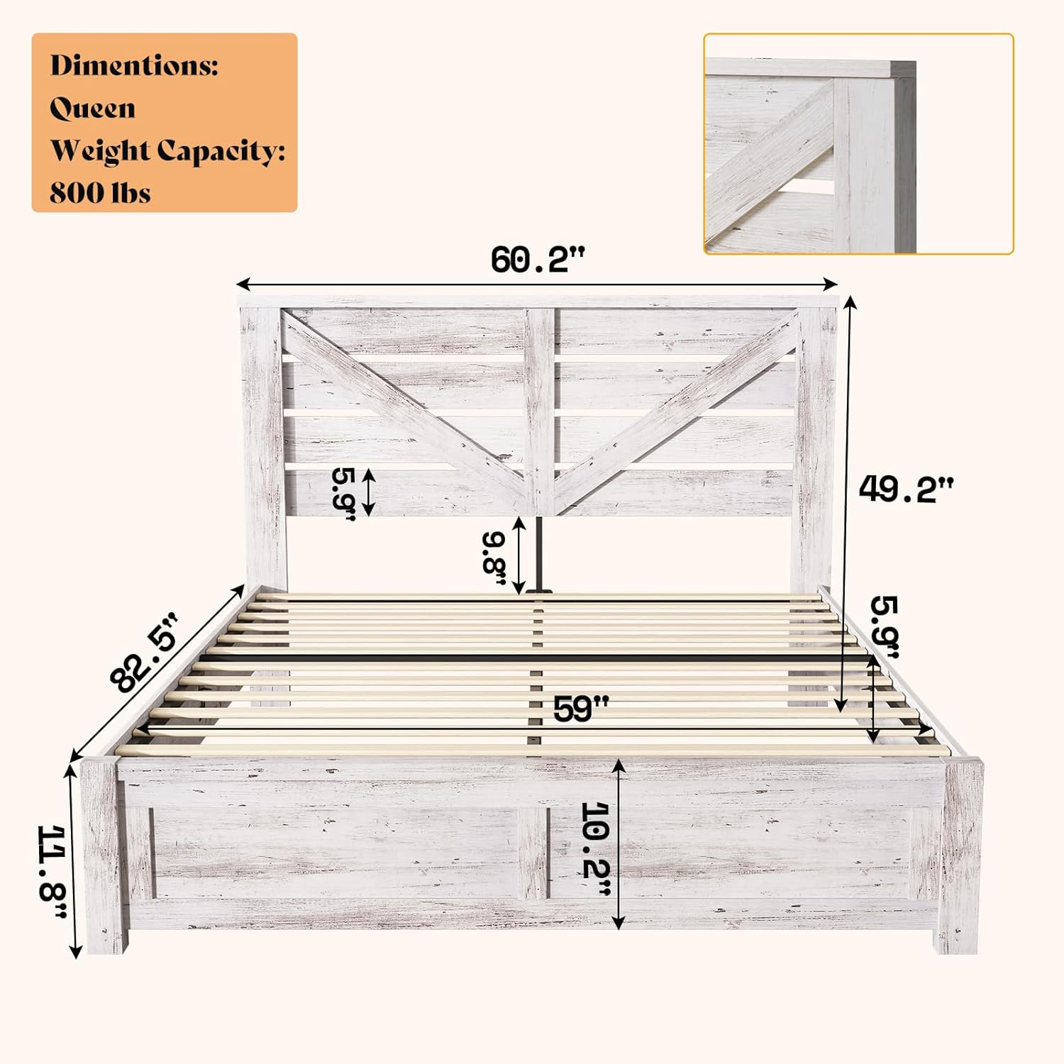 Distressed White Queen Size Wooden Farmhouse Bed Frame with Barn Door Headboard