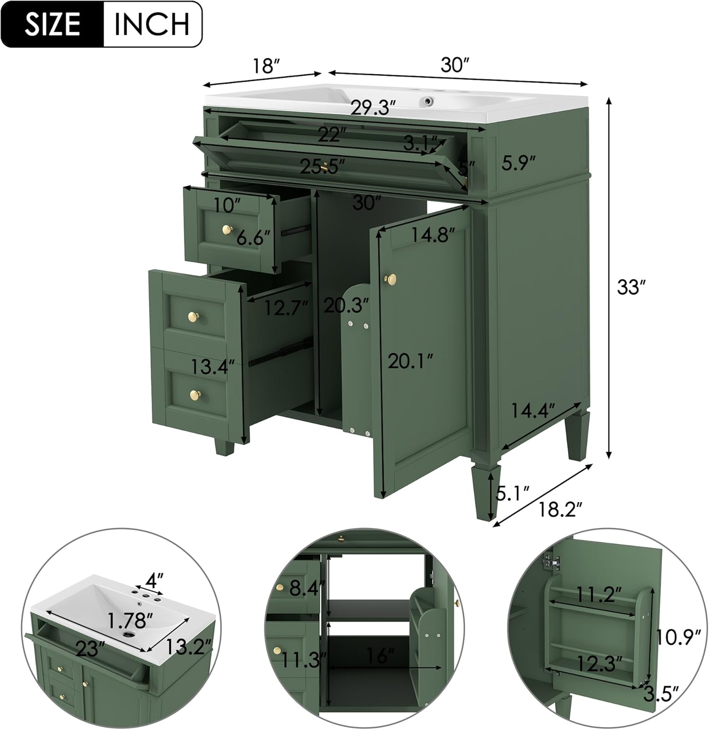 30 inch Bathroom Vanity with Top Sink, Modern Bathroom Storage Cabinet with 2 Drawers and a Tip-out Drawer, Freestanding Single Sink Bathroom Vanity, Green