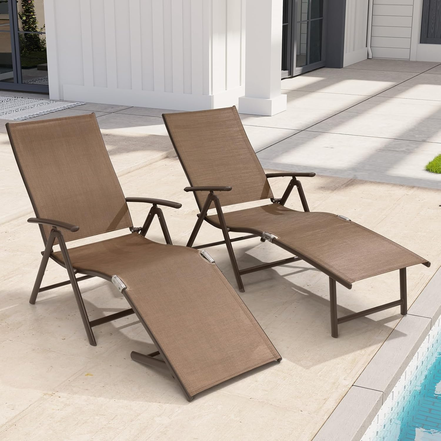 Crestlive Products  Outdoor Aluminum Folding Recliner Adjustable Chaise Lounge (Set of 2) - See Picture Brown Fabric, Brown Farme