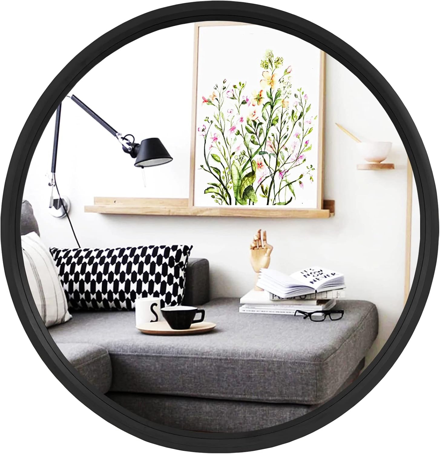 Walnut Round Pine Wood Mirror, 32" Diameter