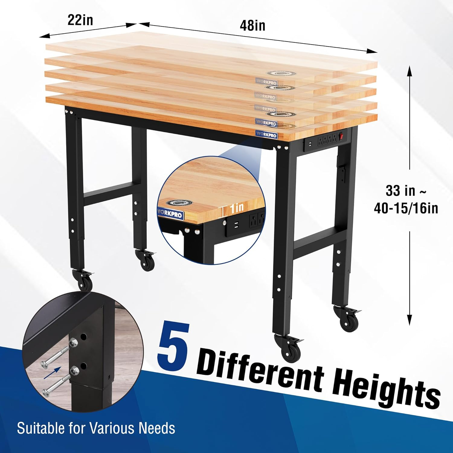 WORKPRO Garage Workbench, 48"X22" Adjustable Workbench with Wheels, Rubber Wood Top Heavy-Duty Workstation with Power Outlets, 1000 LBS Stationary Load Capacity, for Workshop, Garage