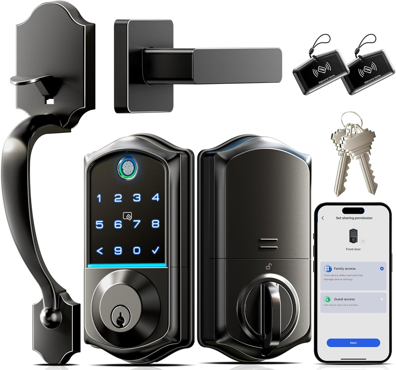 Veise VE017-H Fingerprint Smart Front Door Lock Set, App Control, Keyless Entry Deadbolt with Handle, Smart Deadbolt, Emergency Power Port, Touchscreen Keypad, Auto Lock, Easy Install, Matte Black