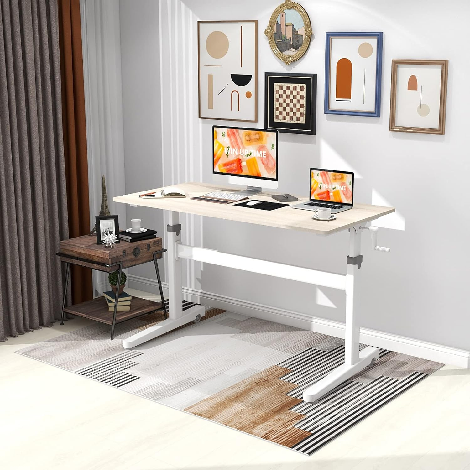 Manual Standing Desk Height Adjustable - Portable Sit to Stand Home Office Desks - Non-Electric Rising Table with Hand Crank and Rolling Wheels - 48 Inch Maple Whole Piece Wood Desktop