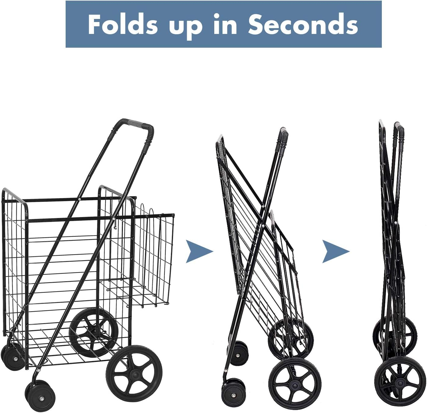 BETTARY Jumbo Folding Shopping Cart, Metal Grocery Cart on Wheels with Double Basket, Heavy Duty Utility Cart with 360° Swivel Wheels for Grocery, Laundry, Book, Luggage, Travel, Black