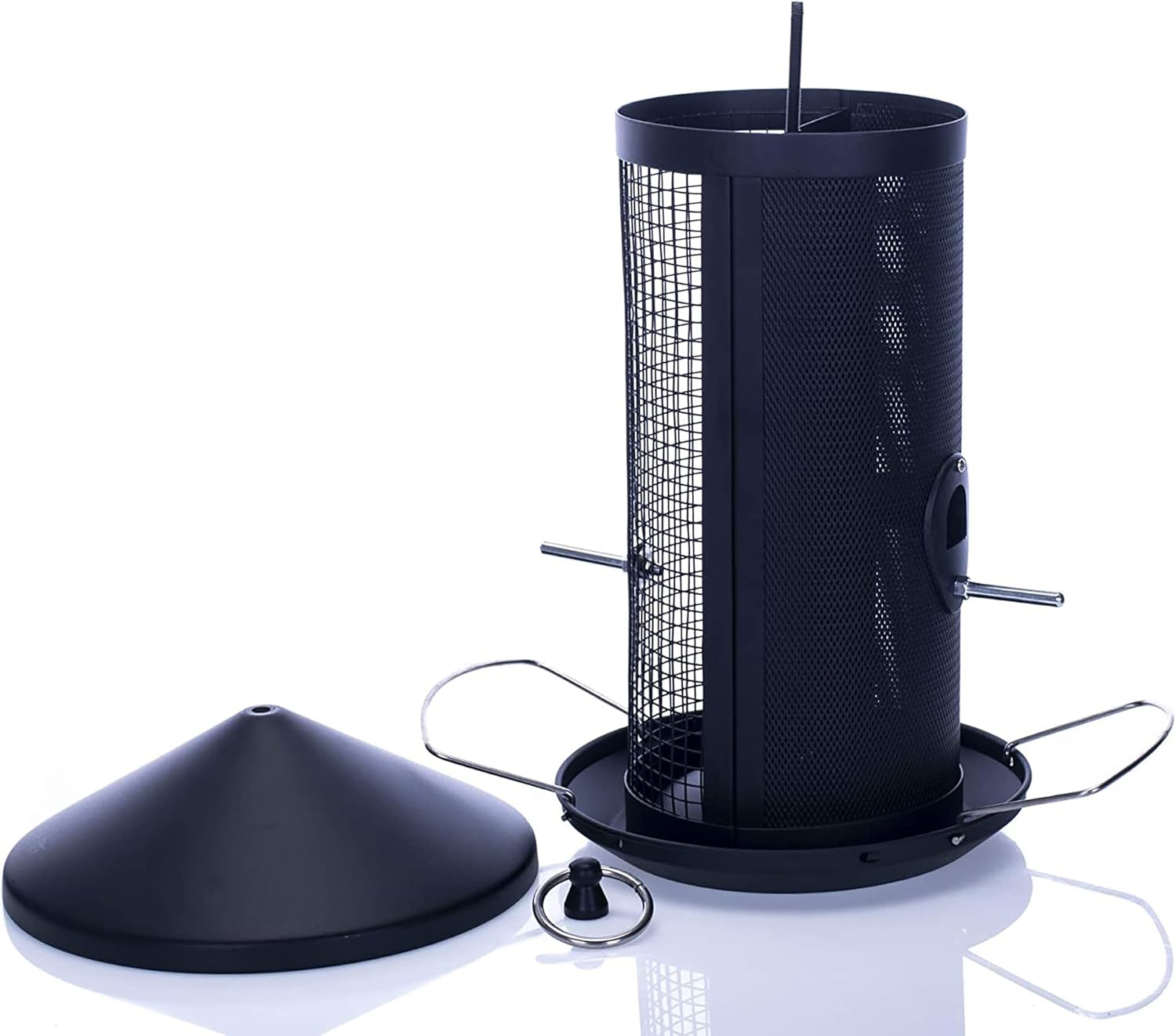 Matte Black Heavy Duty Metal Hanging Bird Feeder with Dual Nut and Seed Compartments