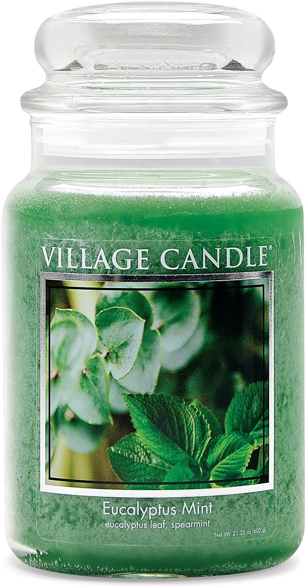 Village Candle Eucalyptus Mint, Large Glass Apothecary Jar Scented Candle, 21.25 oz, Green