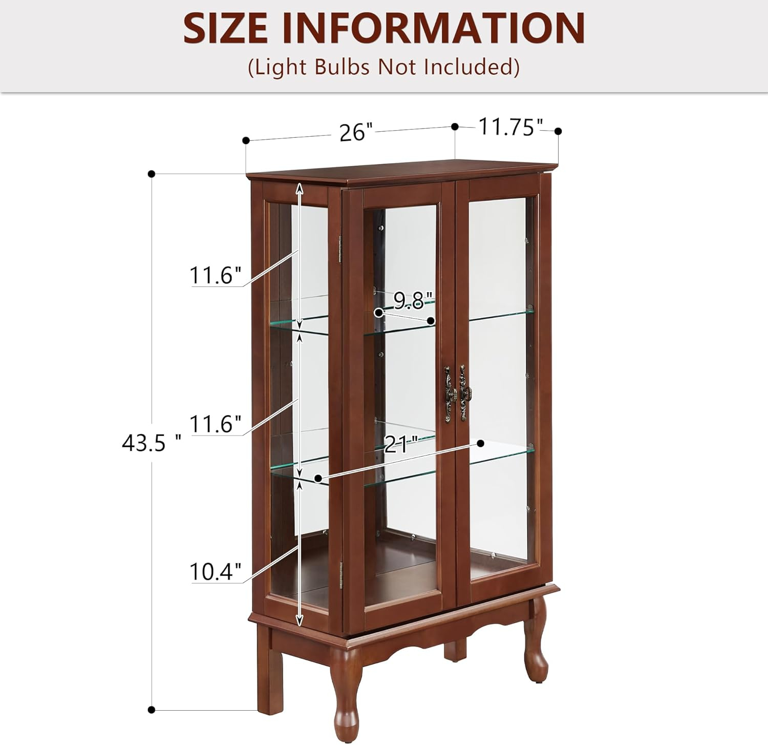 Dolonm Curio Cabinet with Tempered Glass Doors, Curio Cabinets with Mirrored Back Panel and Adjustable Shelves, Lighted Display Cabinet for Home, Office, E26 Light Bulb Not Included, Walnut, 3 Tier