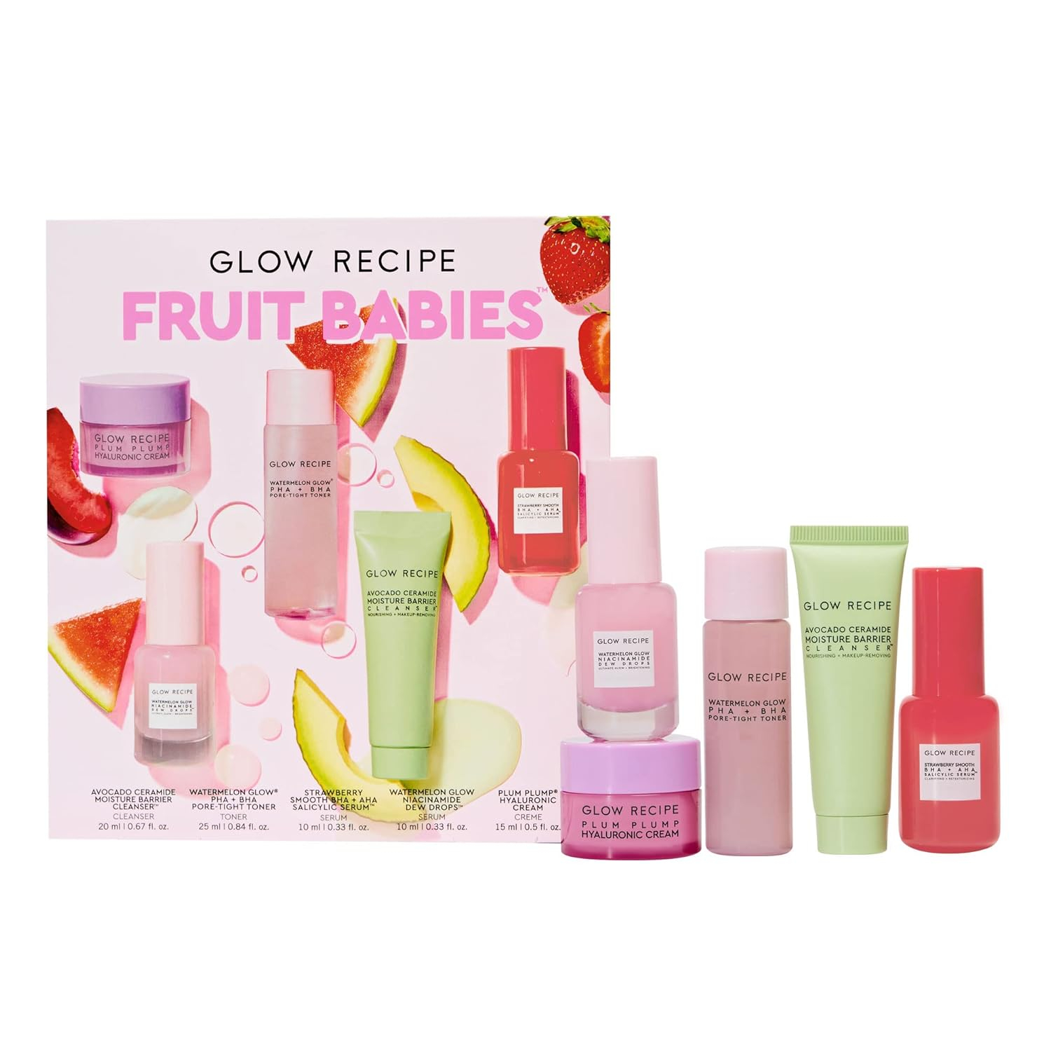Glow Recipe Fruit Babies Skincare Kit - Gift Set with Ceramide Facial Cleanser, BHA Toner, Vitamin C Eye Cream, Hyaluronic Acid Cream & Niacinamide Dew Drops (5 Count)