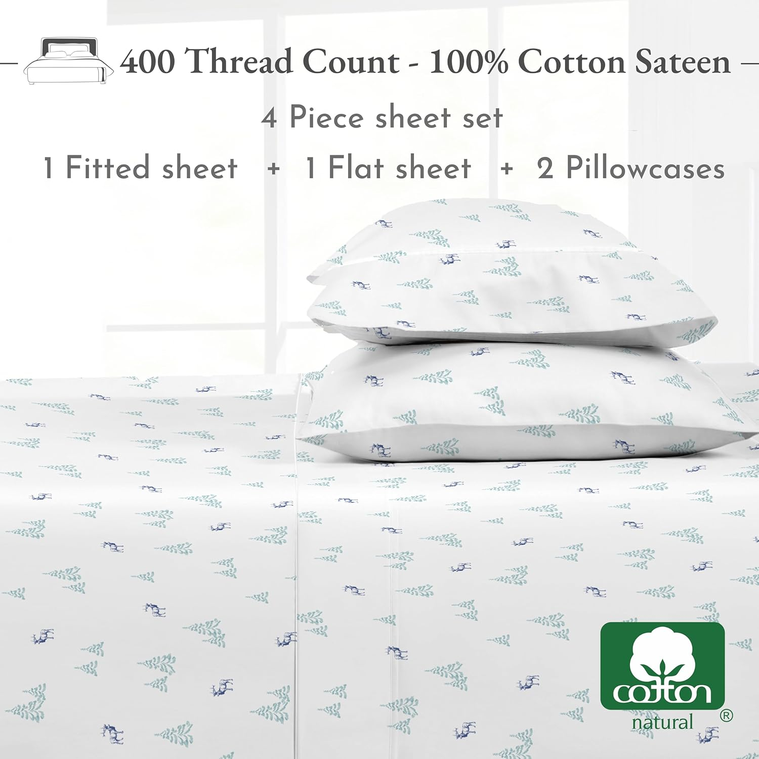 California Design Den Queen Sheet Set - 400 Thread Count Queen Sheets, 100% Cotton Sateen, Deep Pocket Bedding Sheets, Cooling and Breathable 4 Piece Queen Sheets Set - Lodge Camp Print