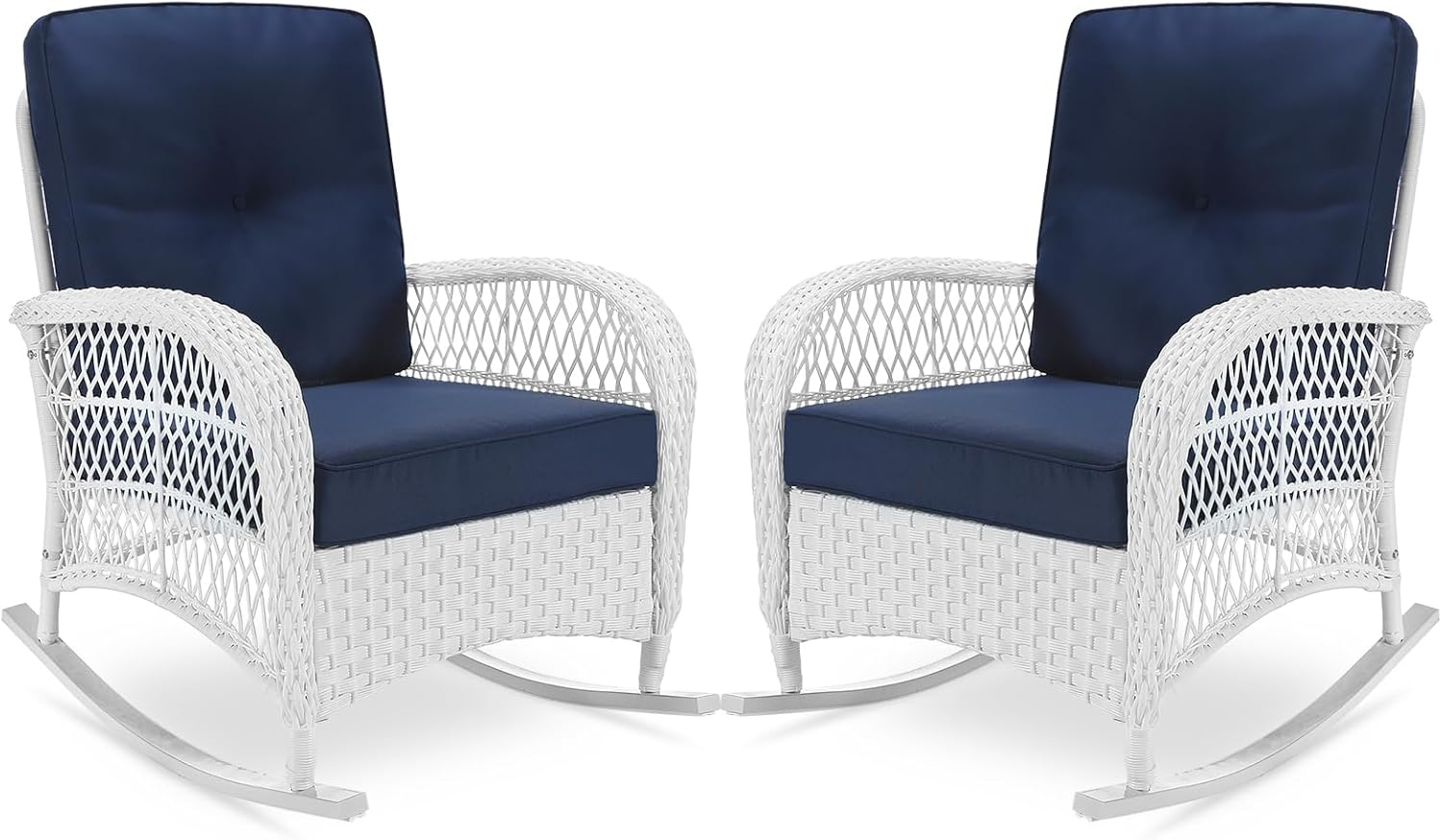 Beachcrest Home™ Beachcrest Home Outdoor Wicker Rocking Chairs Set Of 2, Rattan Patio Rocker Chairs With Thick Cushions And High Back, All-Weather Patio Wicker Chair With Safe Rocking Design For Garden, White Wicker