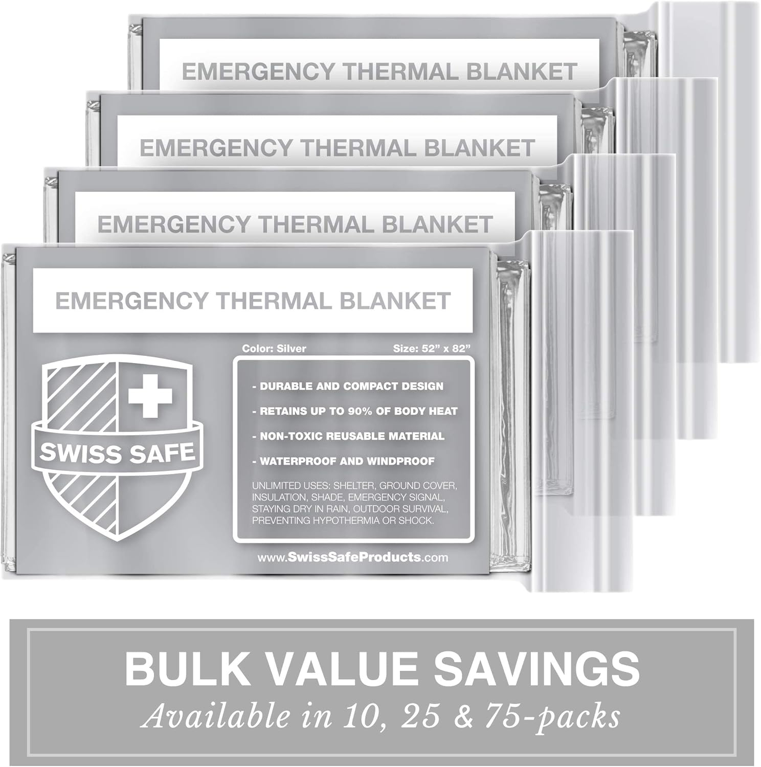 Swiss Safe Emergency Mylar Thermal Blankets Premium 12-Micron 52" X 82" Silver 10-Pack