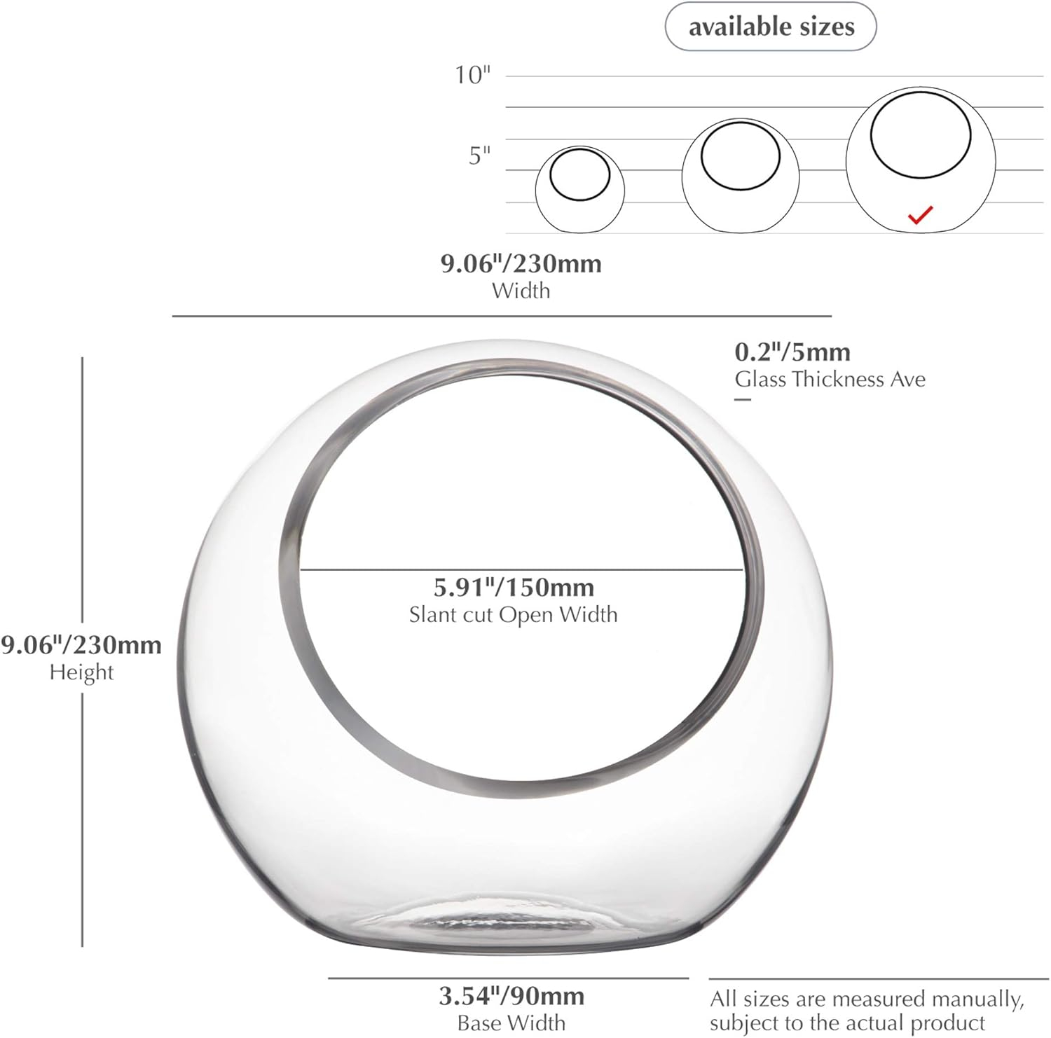 WGV Slant Cut Bowl Glass Vase, Width 9", Height 9", Clear Round Globe Planter Terrarium Orb, Candy Dish, Fruit Jar, Floral Container for Home Office Decor, 1 Piece