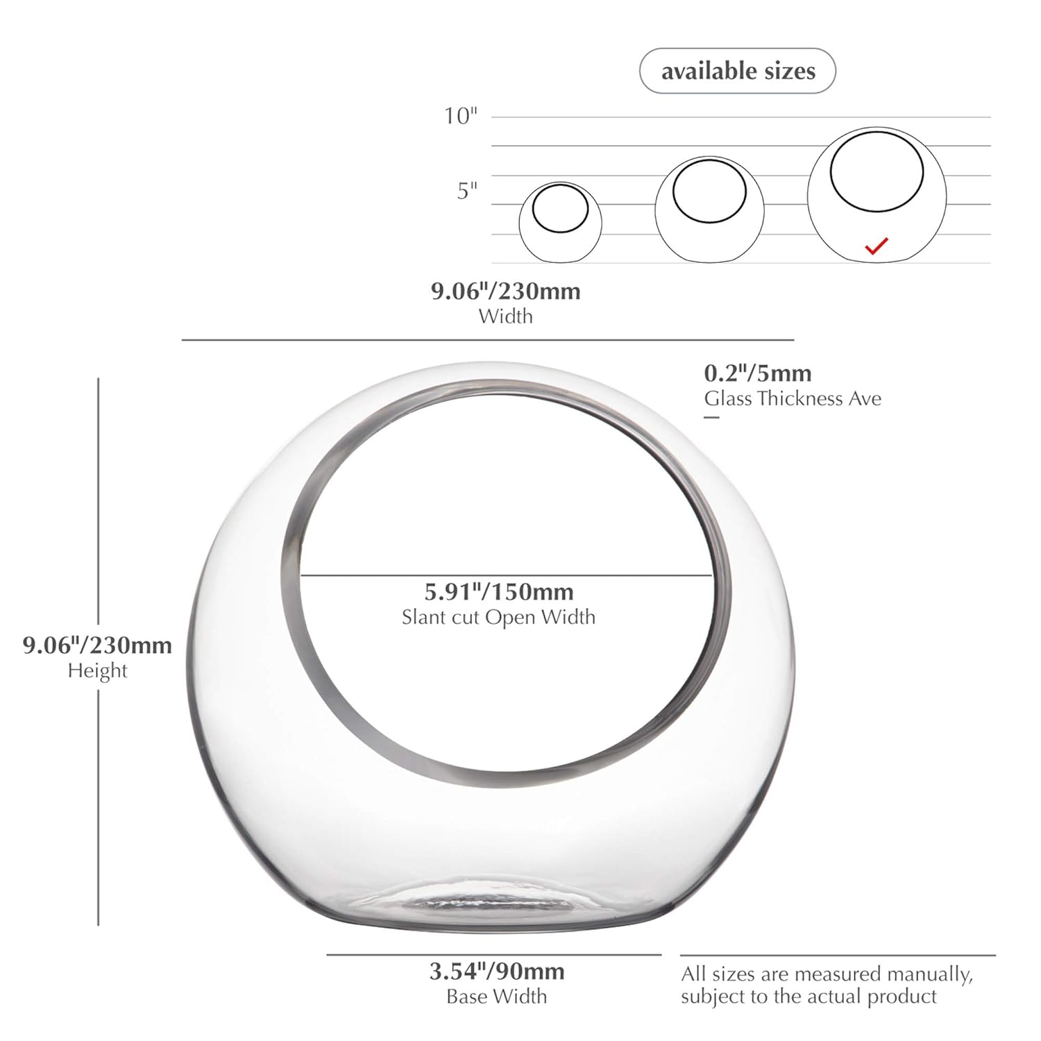 WGV Slant Cut Bowl Glass Vase, Width 9", Height 9", Clear Round Globe Planter Terrarium Orb, Candy Dish, Fruit Jar, Floral Container for Home Office Decor, 1 Piece