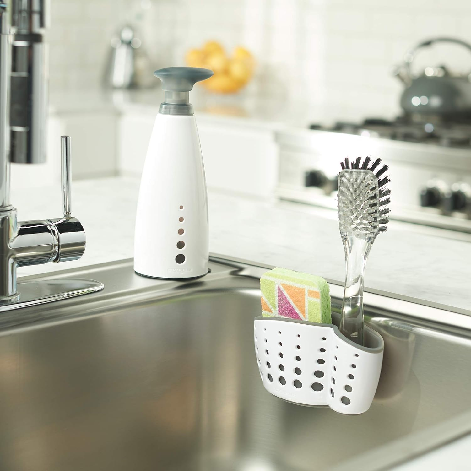 Casabella Sink Sider? Suction Cup Sponge Holder, Versatile Tool, Storage Capabilities, Use in Kitchen or Bathroom, White/Grey