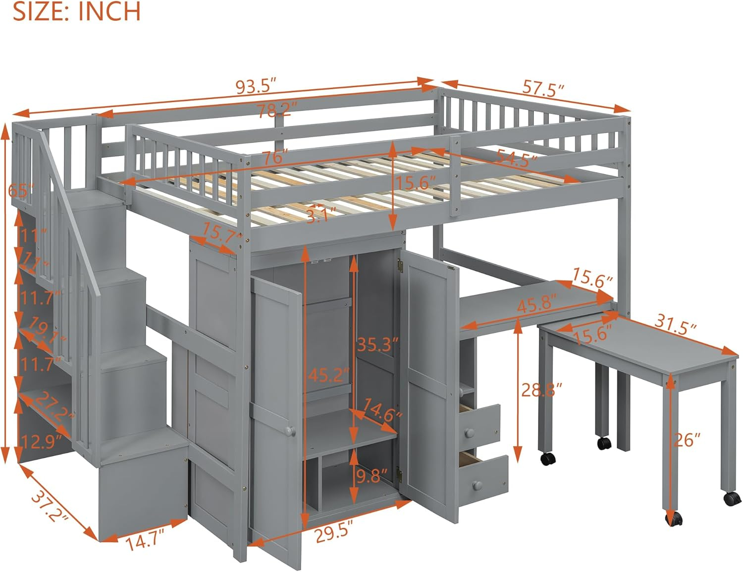 Harper & Bright Designs Full Size Loft Bed with Desk, Wood Full Loft Bed with Stairs, Bookshelf, Drawers & Wardrobe – Space-Saving Multifunctional Furniture, Gray