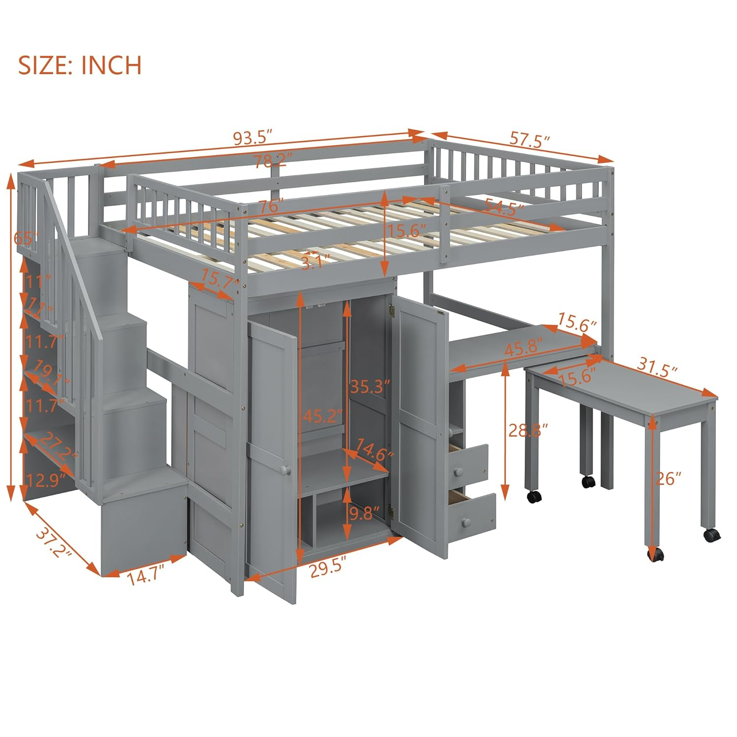 Harper & Bright Designs Full Size Loft Bed with Desk, Wood Full Loft Bed with Stairs, Bookshelf, Drawers & Wardrobe – Space-Saving Multifunctional Furniture, Gray